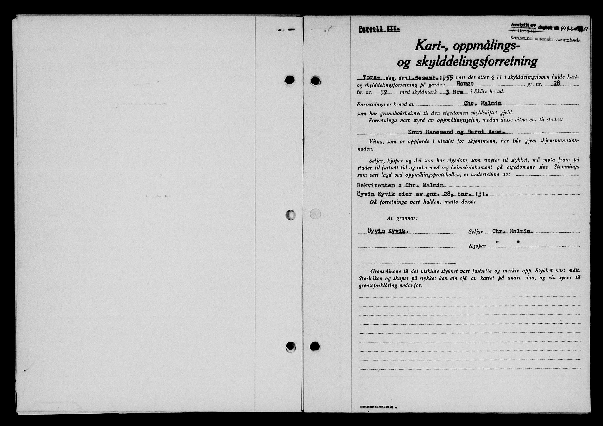 Karmsund sorenskriveri, SAST/A-100311/01/II/IIB/L0118: Pantebok nr. 98A, 1955-1956, Dagboknr: 4192/1955