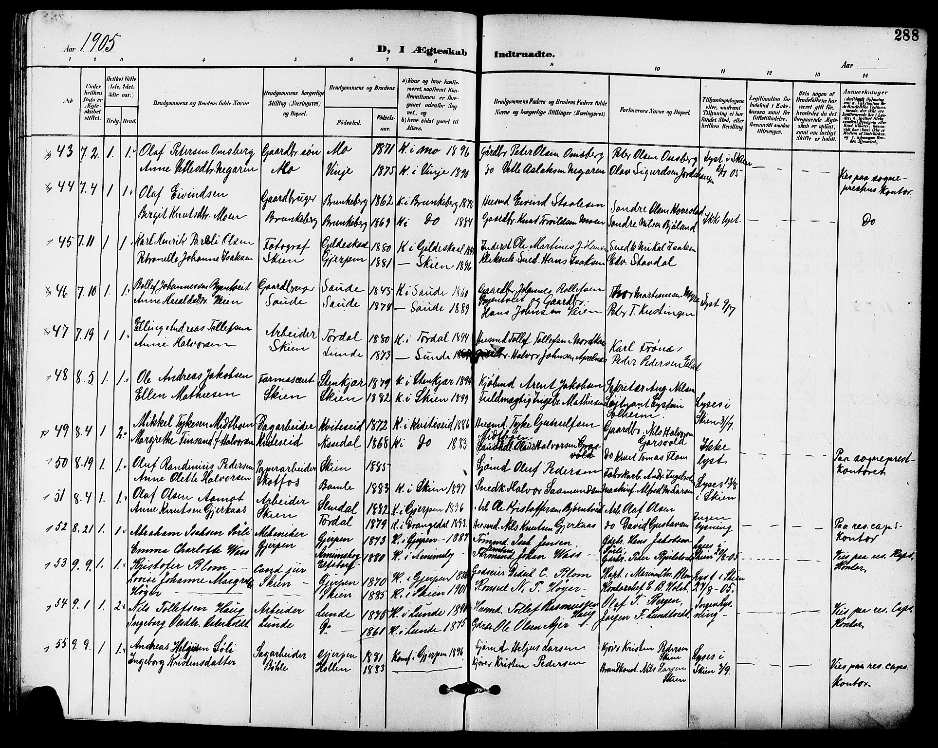 Skien kirkebøker, AV/SAKO-A-302/G/Ga/L0008: Klokkerbok nr. 8, 1900-1910, s. 288