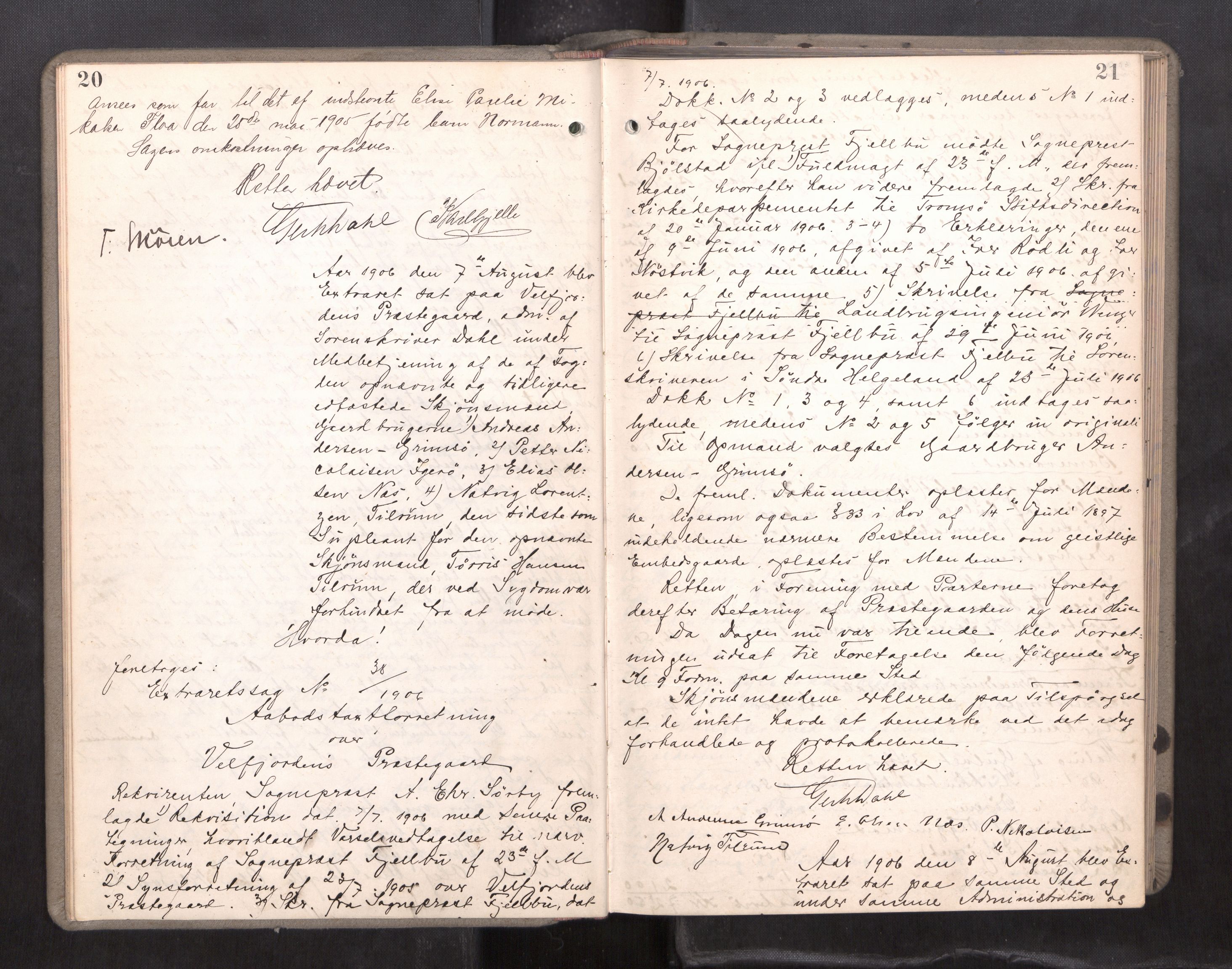 Søndre Helgeland sorenskriveri, AV/SAT-A-4575/1/1/1B/1Bb/L0003: Ekstrarettsprotokoll, 1906-1908, s. 20-21