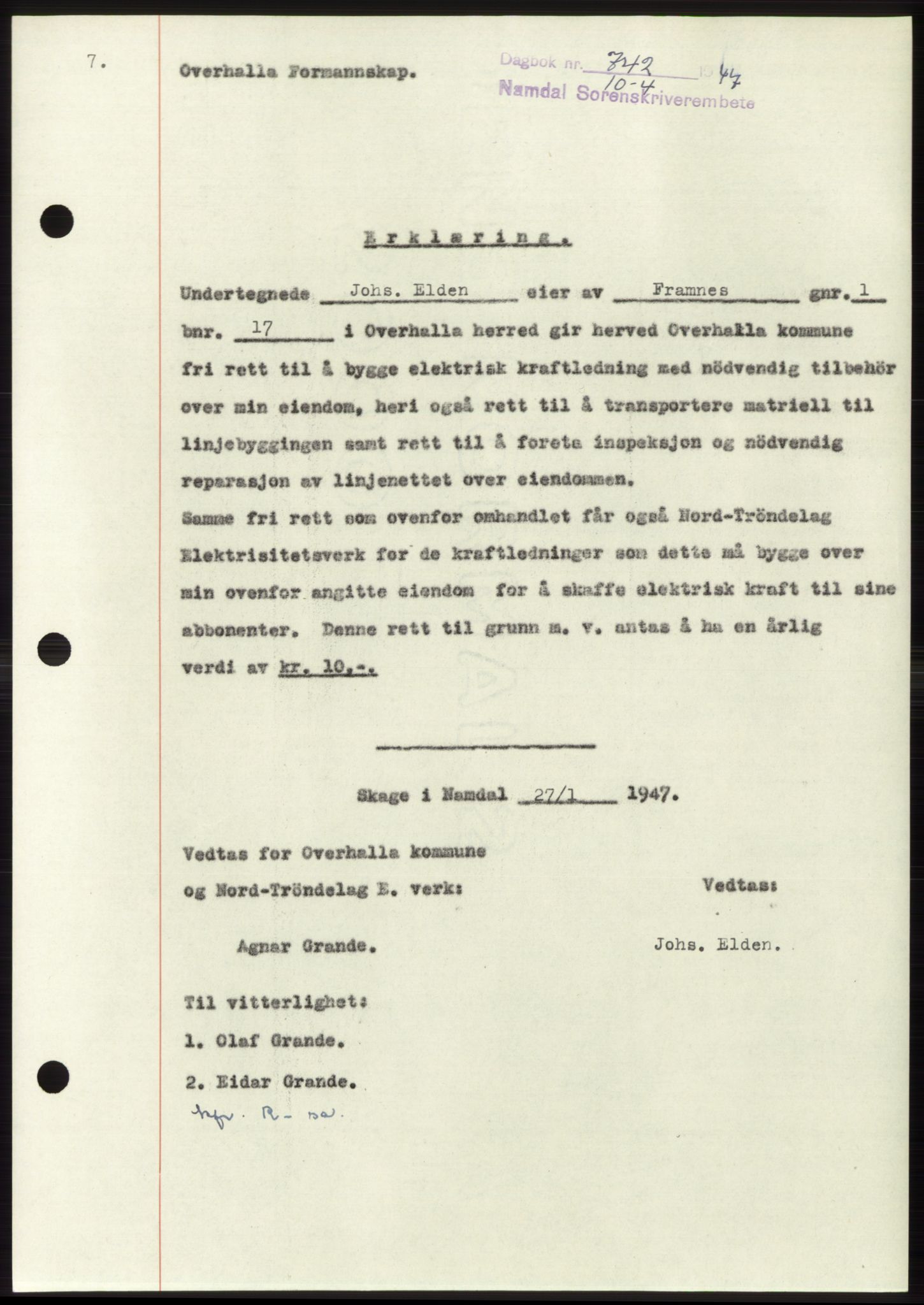 Namdal sorenskriveri, SAT/A-4133/1/2/2C: Pantebok nr. -, 1947-1947, Dagboknr: 742/1947