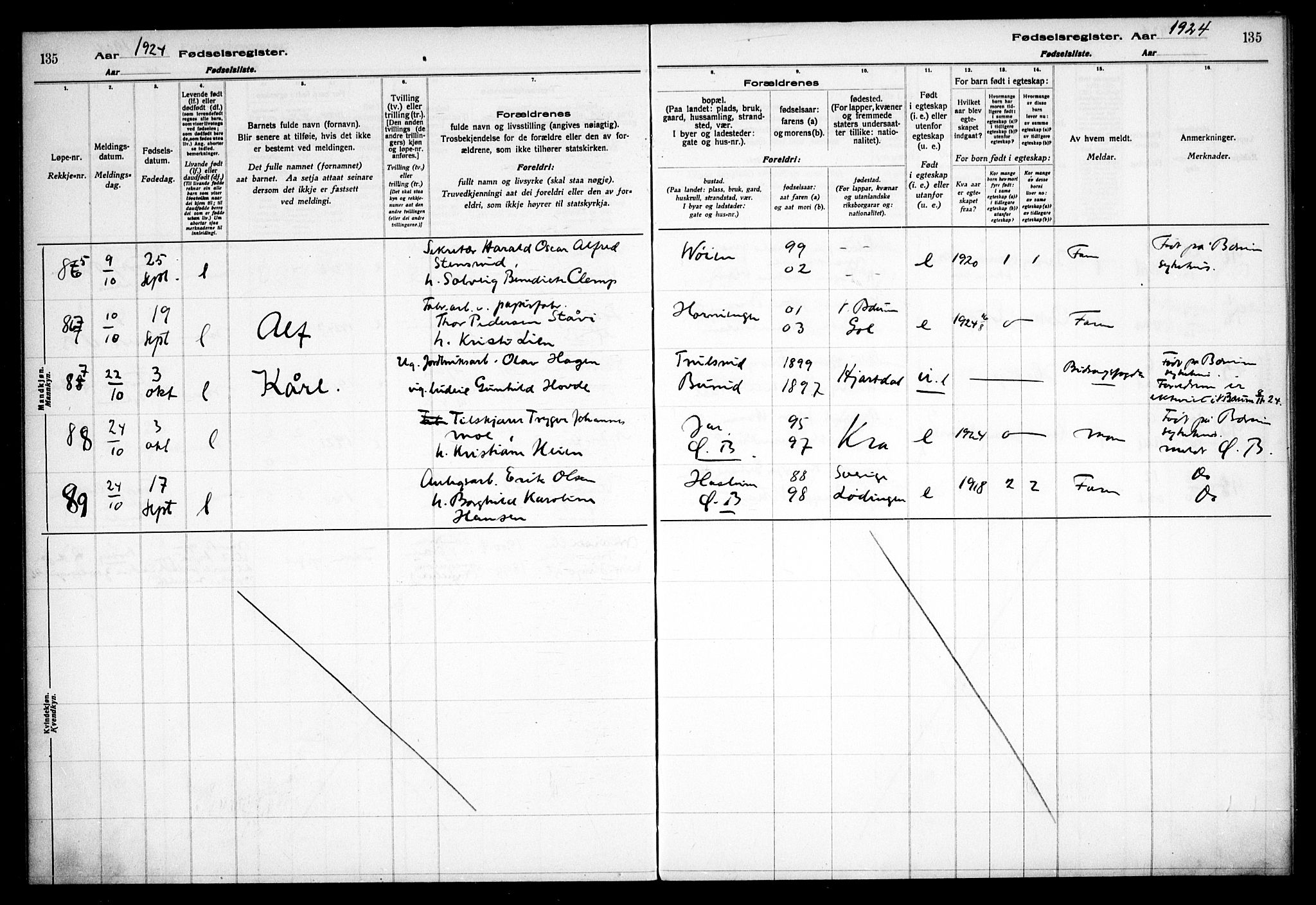 Vestre Bærum prestekontor Kirkebøker, AV/SAO-A-10209a/J/L0001: Fødselsregister nr. 1, 1916-1926, s. 135