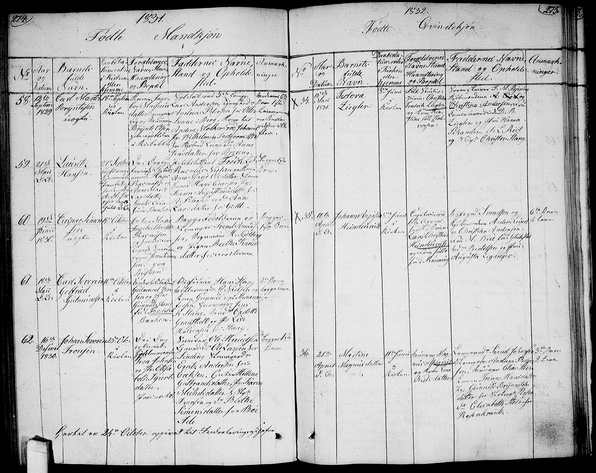 Halden prestekontor Kirkebøker, AV/SAO-A-10909/G/Ga/L0002: Klokkerbok nr. 2, 1821-1834, s. 274-275