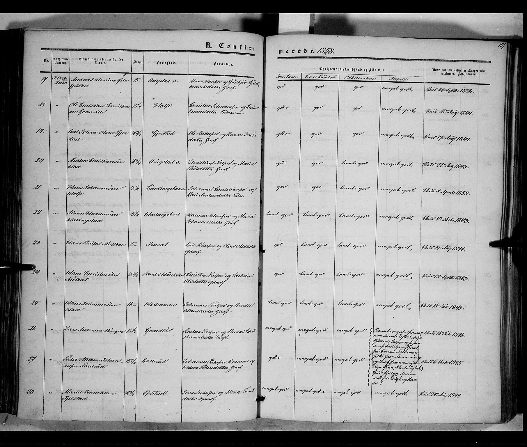 Vestre Toten prestekontor, SAH/PREST-108/H/Ha/Haa/L0006: Ministerialbok nr. 6, 1856-1861, s. 157