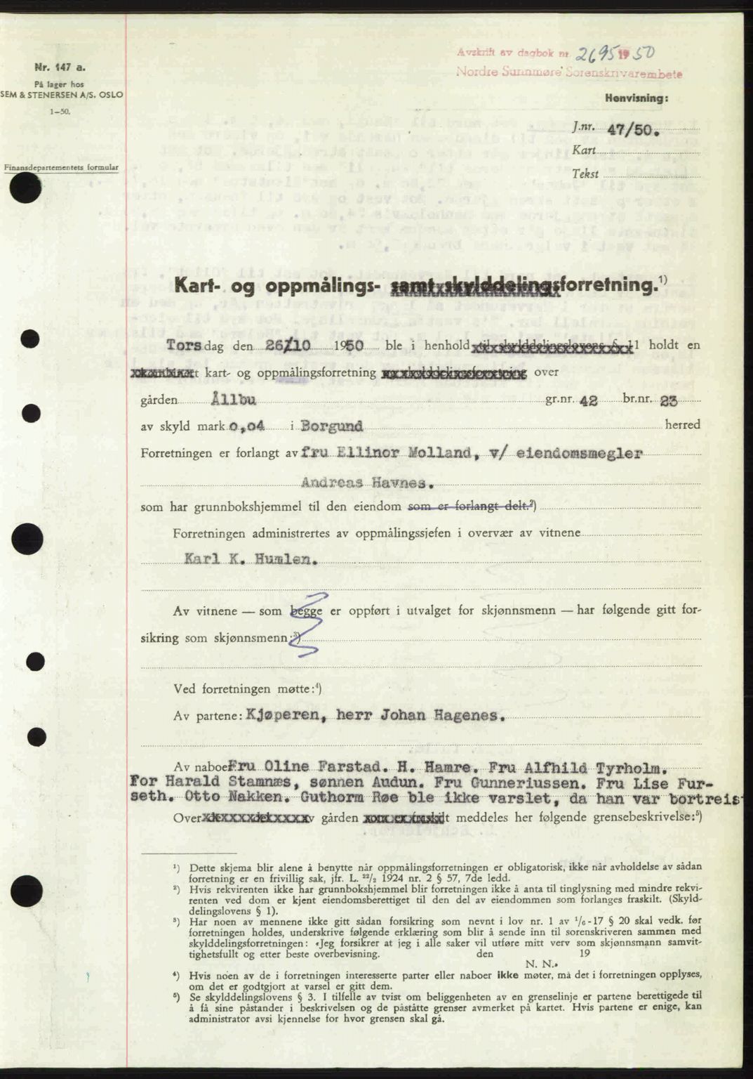 Nordre Sunnmøre sorenskriveri, SAT/A-0006/1/2/2C/2Ca: Pantebok nr. A36, 1950-1950, Dagboknr: 2695/1950