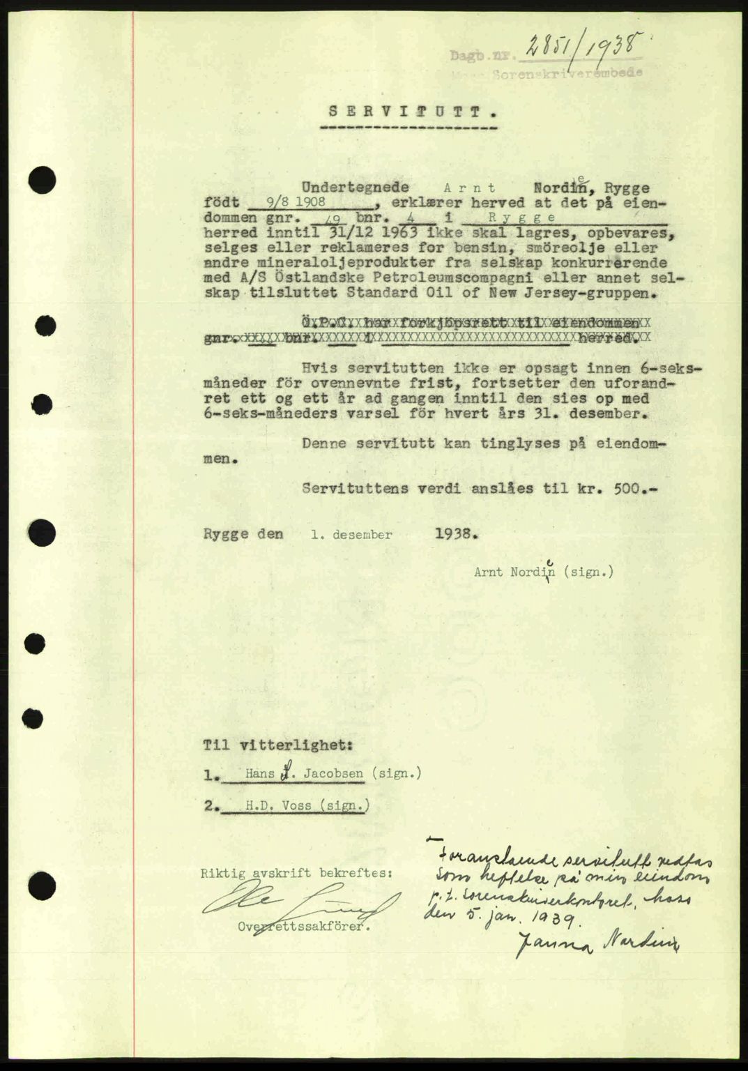 Moss sorenskriveri, SAO/A-10168: Pantebok nr. B6, 1938-1938, Dagboknr: 2851/1938