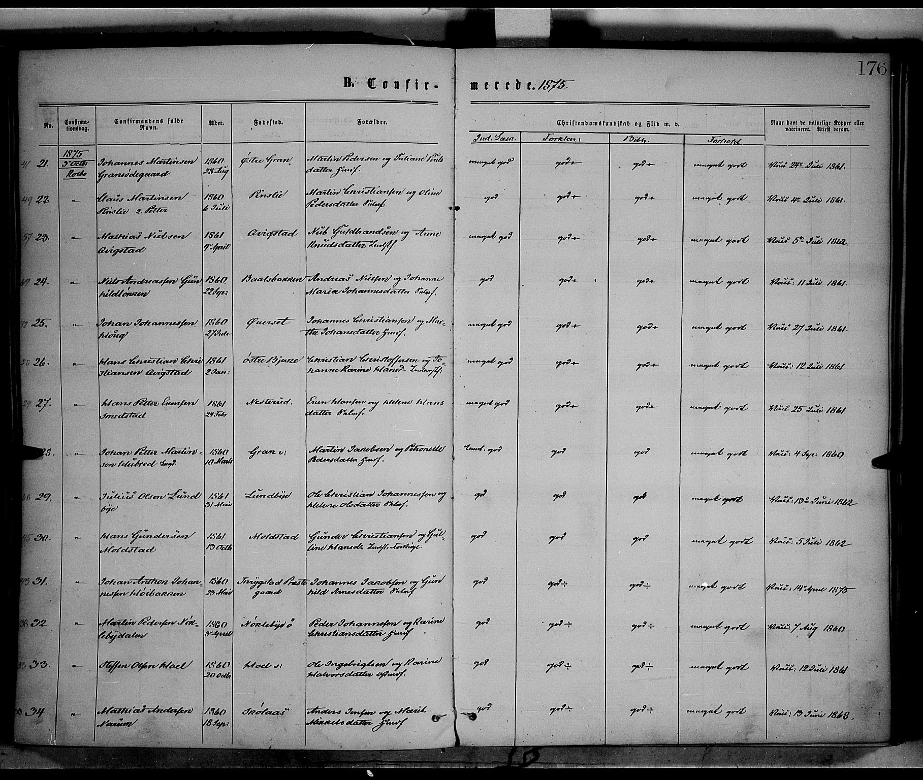 Vestre Toten prestekontor, SAH/PREST-108/H/Ha/Haa/L0008: Ministerialbok nr. 8, 1870-1877, s. 176