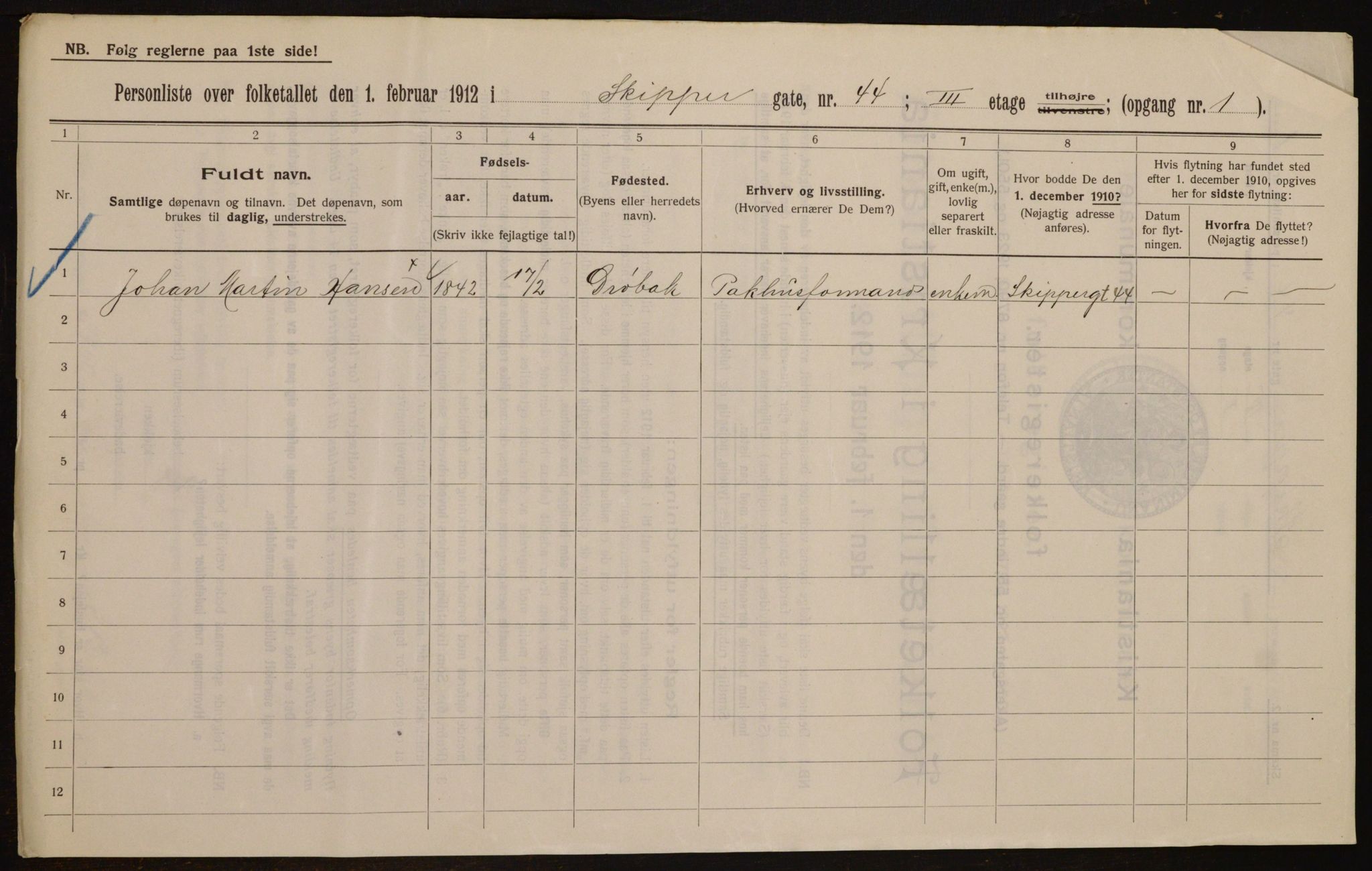 OBA, Kommunal folketelling 1.2.1912 for Kristiania, 1912, s. 96074