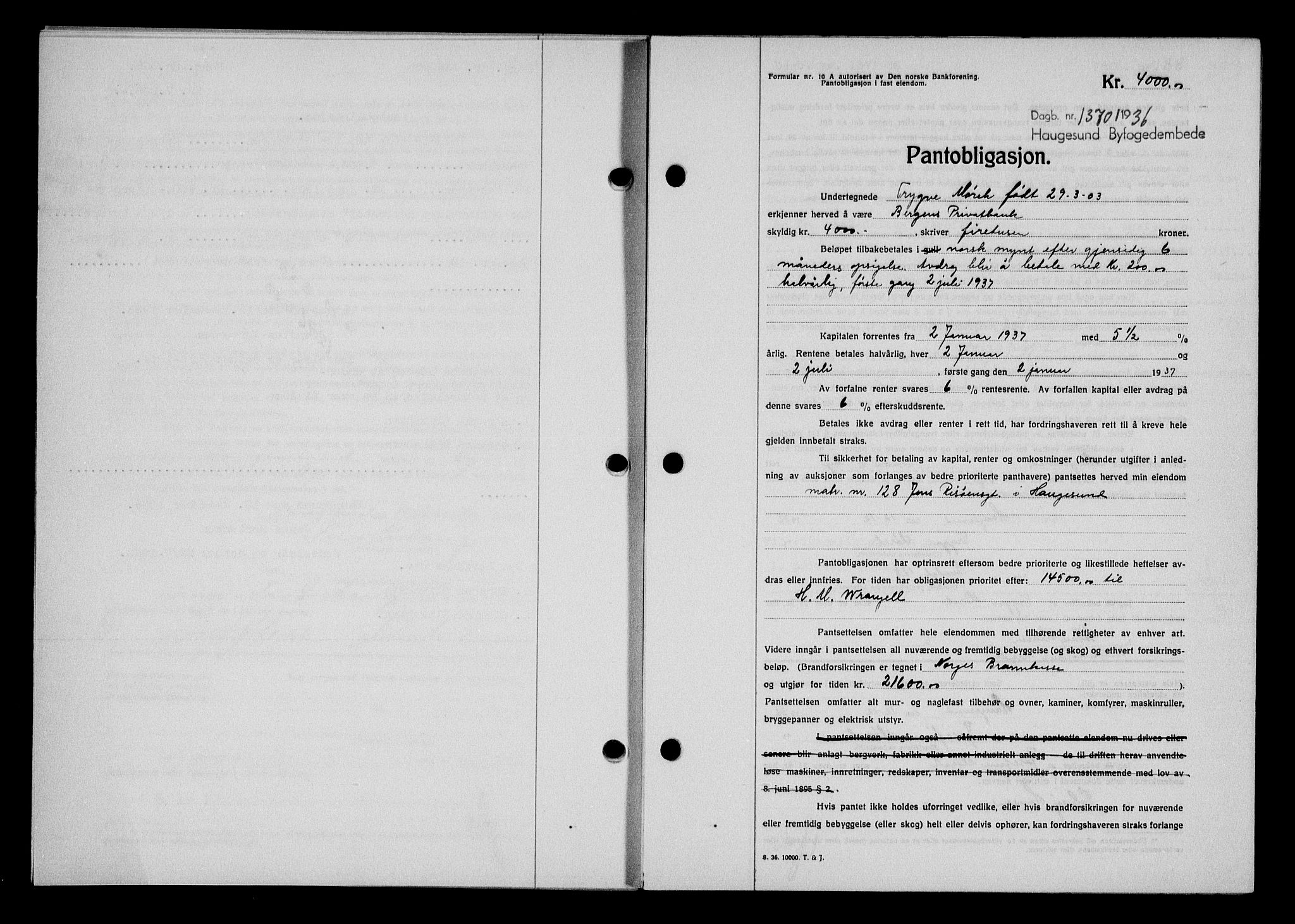 Haugesund tingrett, AV/SAST-A-101415/01/II/IIC/L0031: Pantebok nr. 31, 1936-1938, Dagboknr: 1370/1936