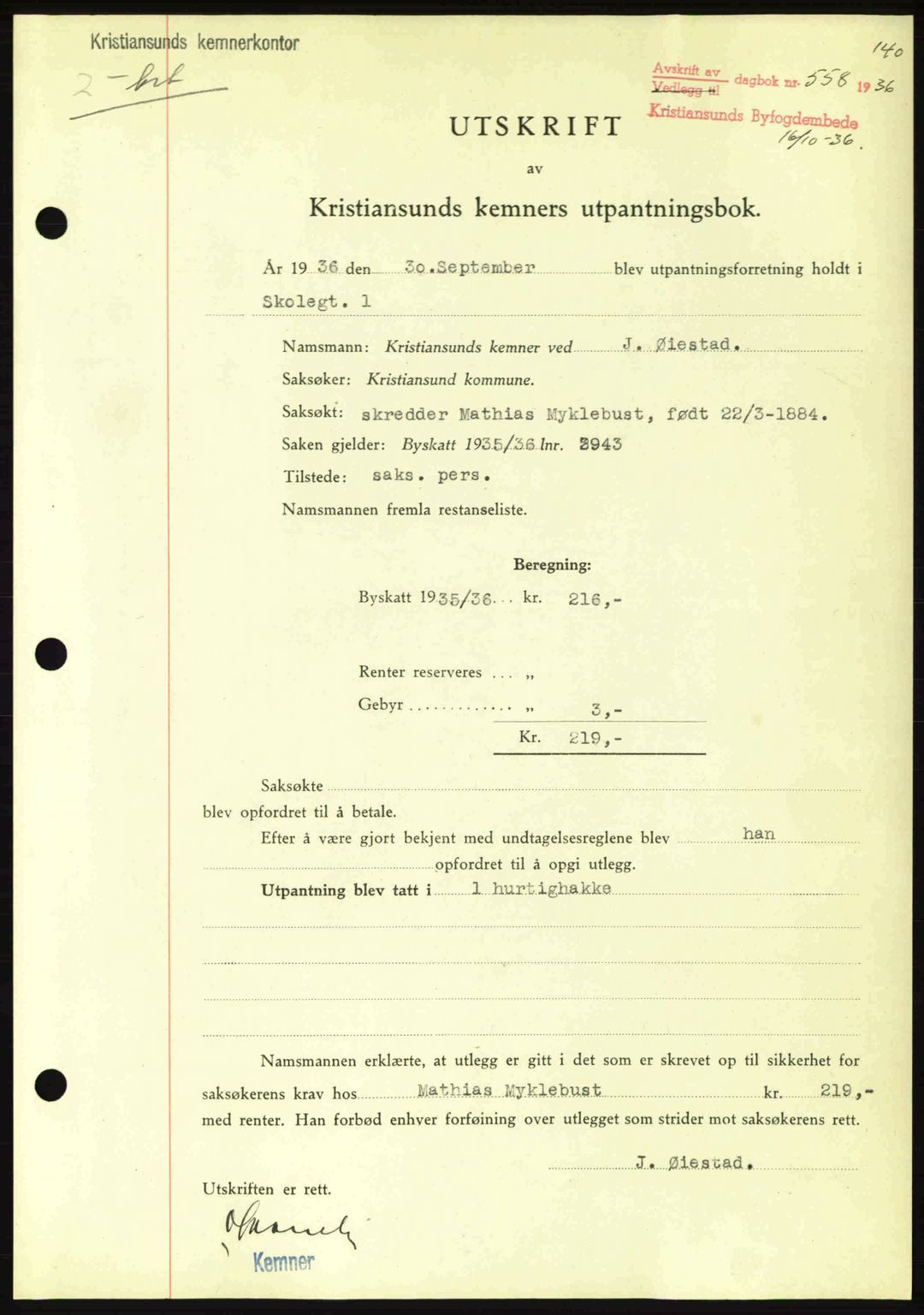 Kristiansund byfogd, SAT/A-4587/A/27: Pantebok nr. 29, 1936-1937, Dagboknr: 558/1936