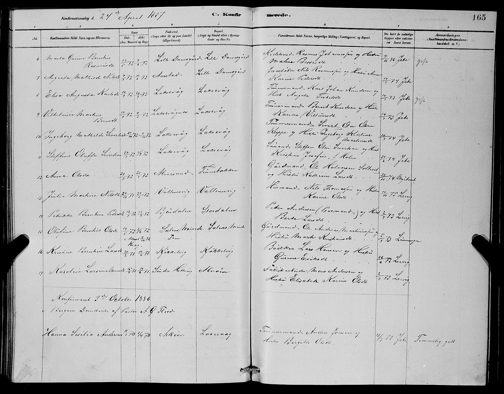 Laksevåg Sokneprestembete, AV/SAB-A-76501/H/Ha/Hab/Haba/L0002: Klokkerbok nr. A 2, 1877-1887, s. 165