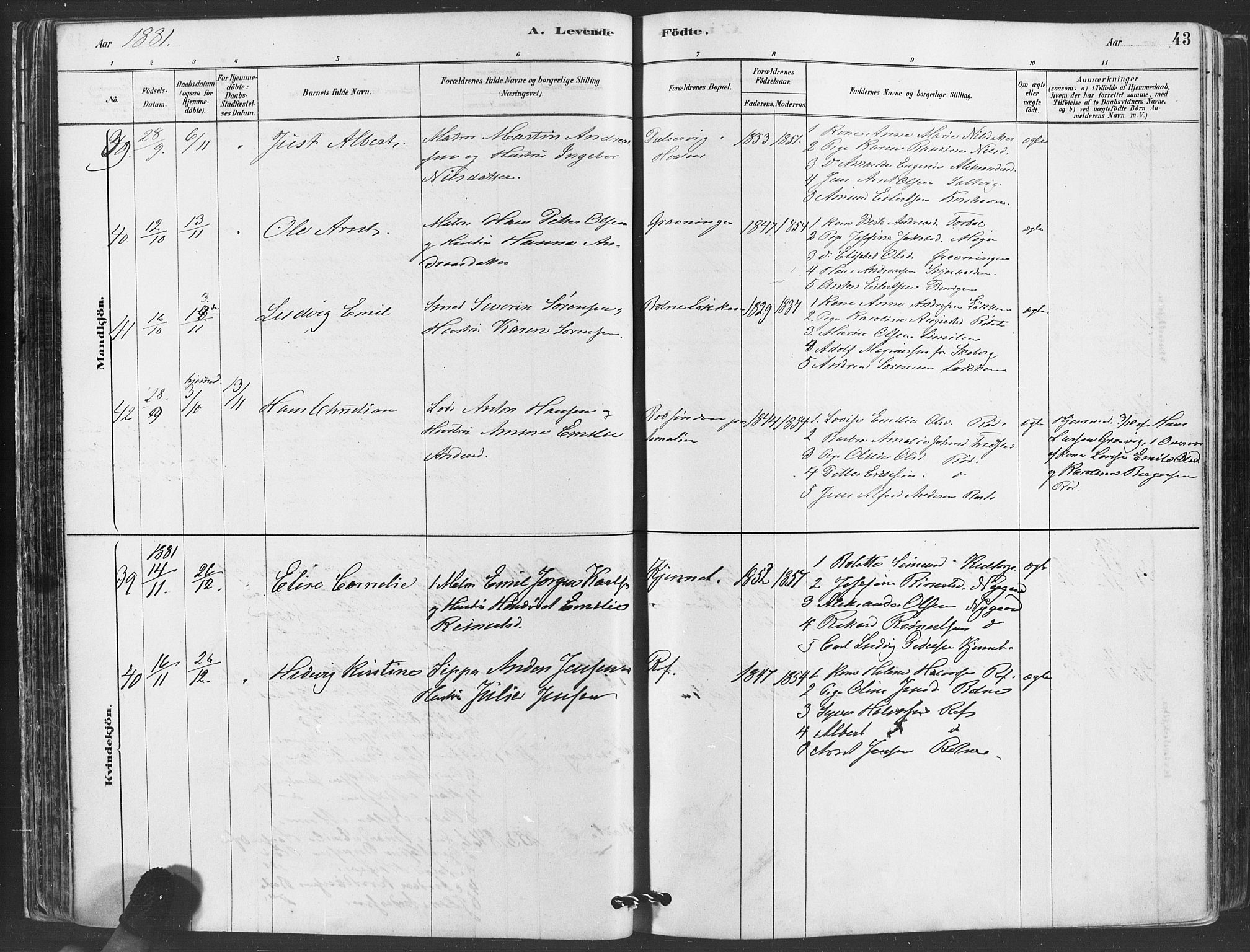 Hvaler prestekontor Kirkebøker, AV/SAO-A-2001/F/Fa/L0008: Ministerialbok nr. I 8, 1878-1895, s. 43