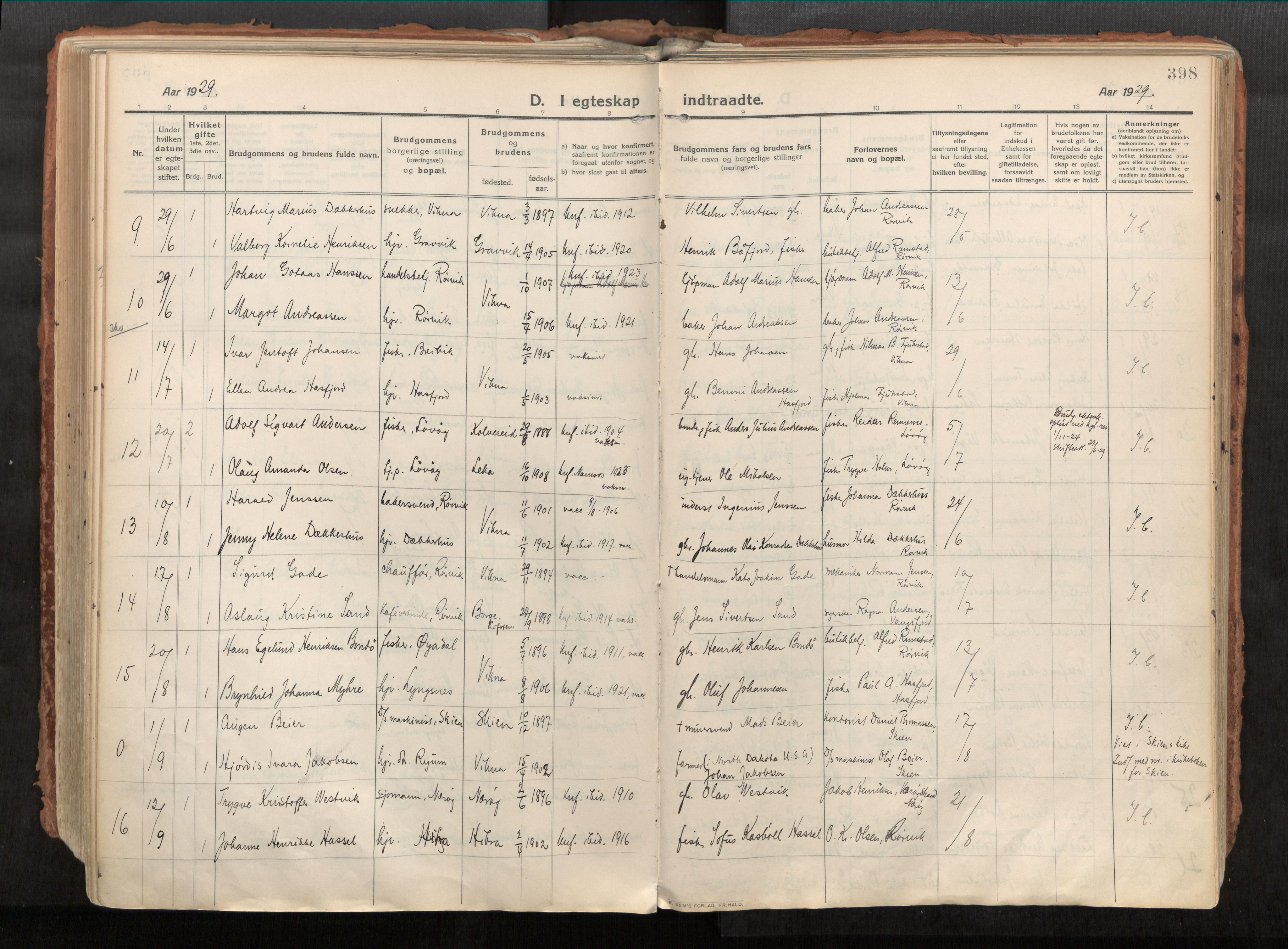 Vikna sokneprestkontor, AV/SAT-A-1173/1/I/I1/I1a/L0001: Ministerialbok nr. 1, 1913-1934, s. 398