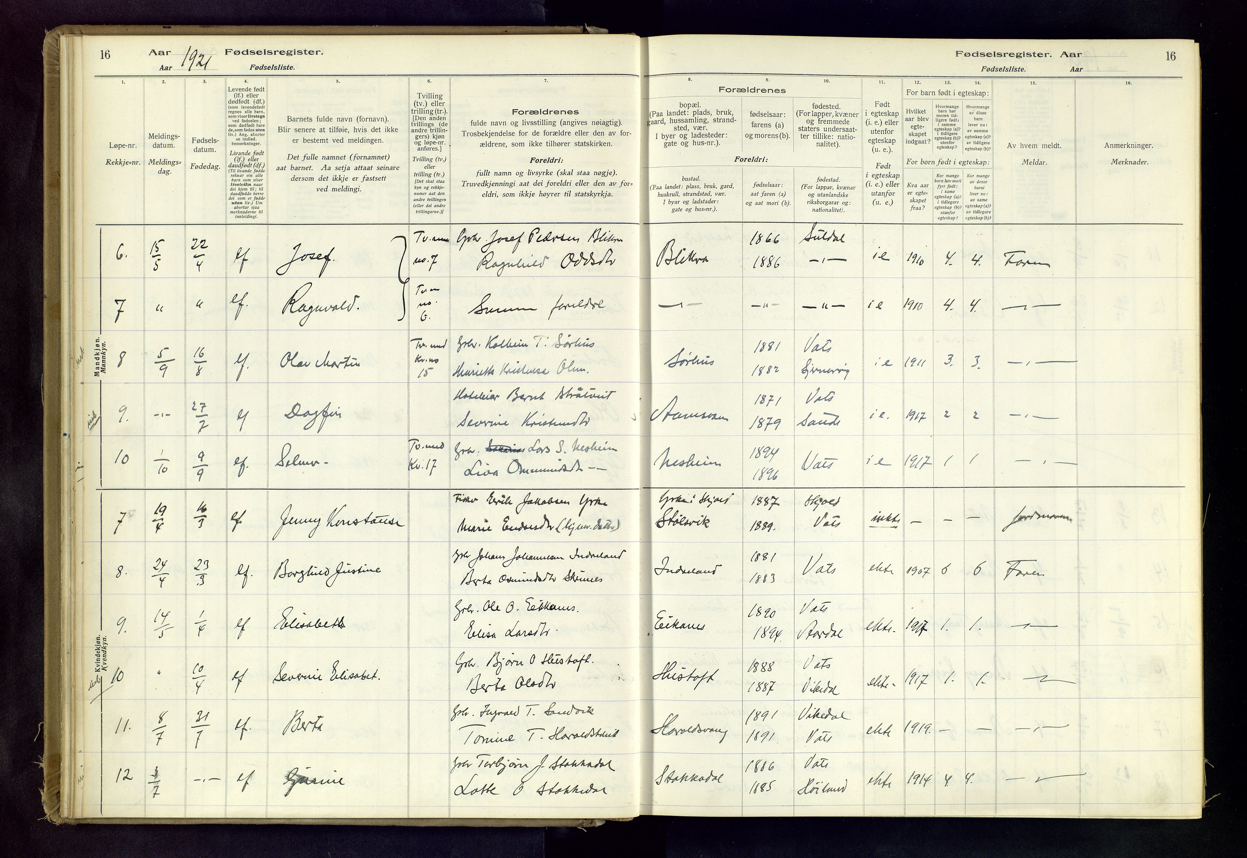 Skjold sokneprestkontor, AV/SAST-A-101847/I/Id/L0003: Fødselsregister nr. 3, 1917-1982, s. 16