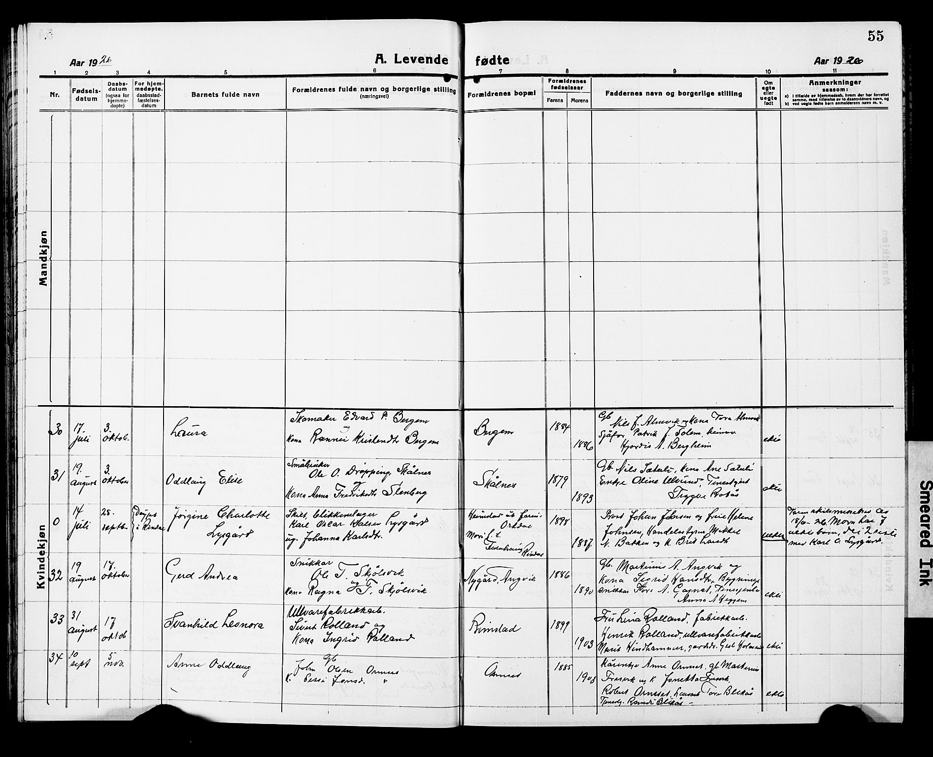 Ministerialprotokoller, klokkerbøker og fødselsregistre - Møre og Romsdal, AV/SAT-A-1454/586/L0994: Klokkerbok nr. 586C05, 1919-1927, s. 55