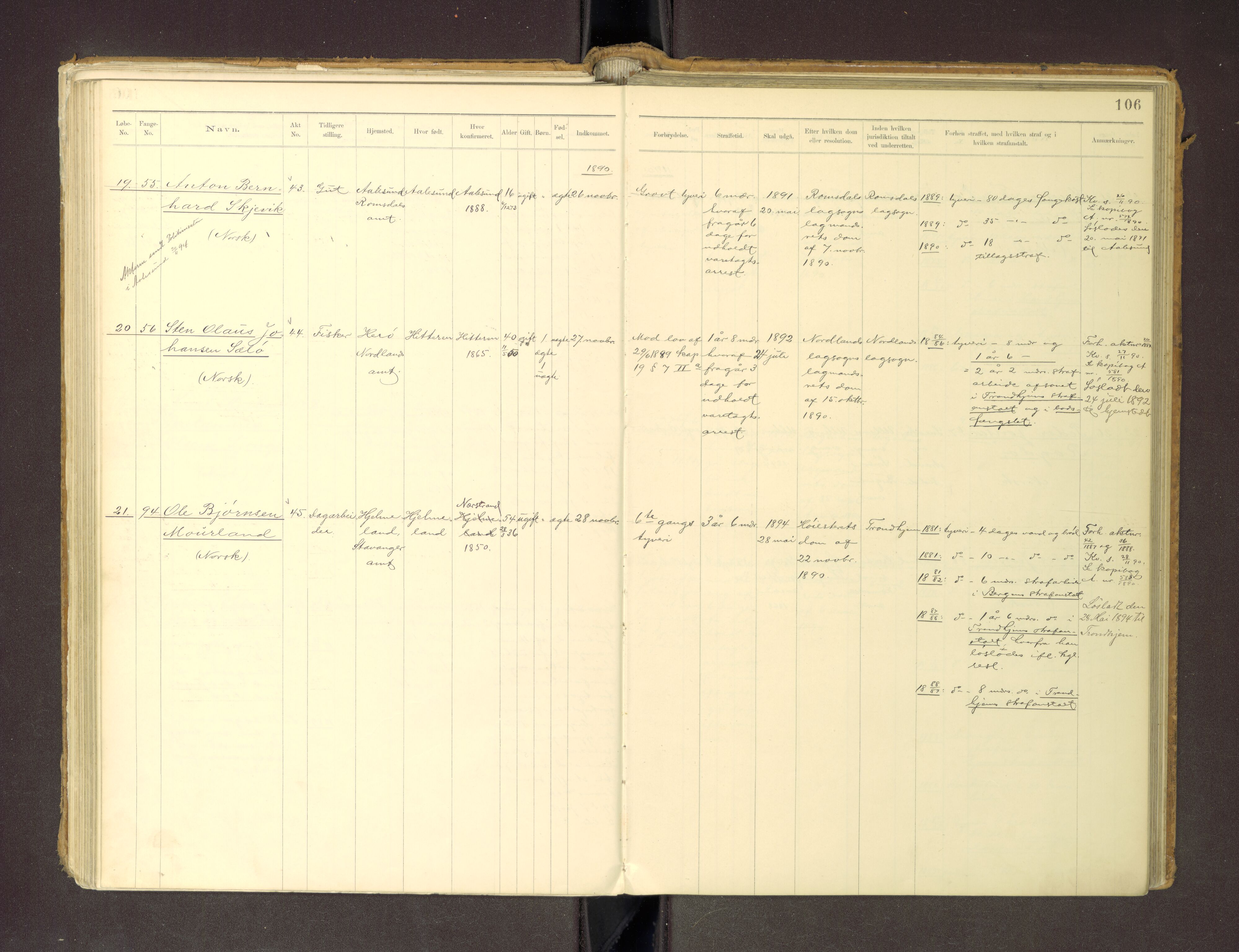 Trondheim tukthus, SAT/A-4619/05/65/L0036: 65.36 Fangeprotokoll m/reg, 1885-1898, s. 106