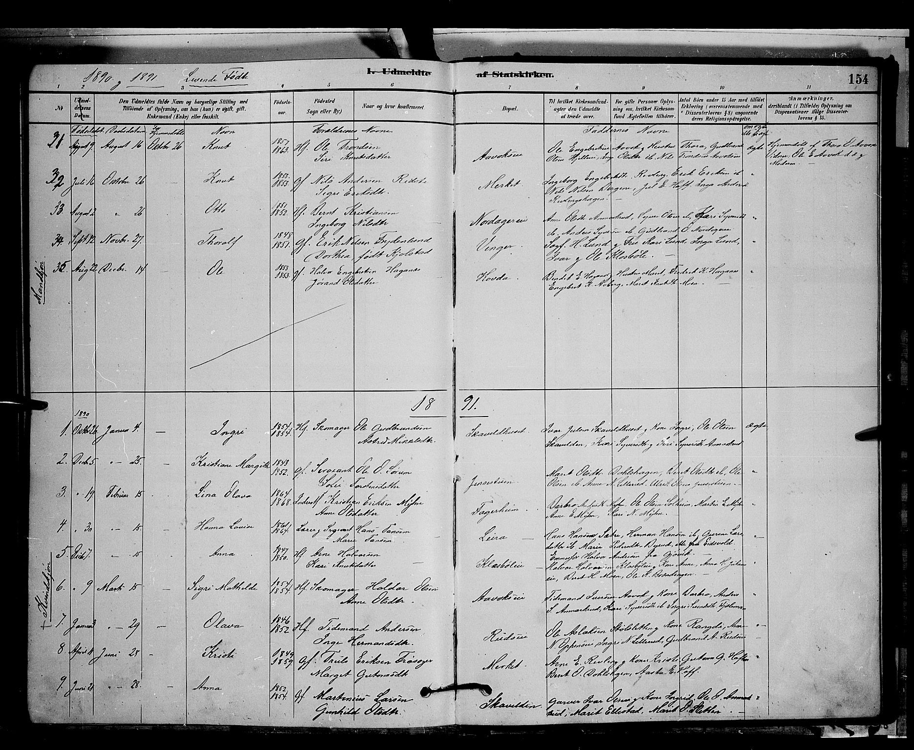 Nord-Aurdal prestekontor, AV/SAH-PREST-132/H/Ha/Hab/L0006: Klokkerbok nr. 6, 1878-1892, s. 154