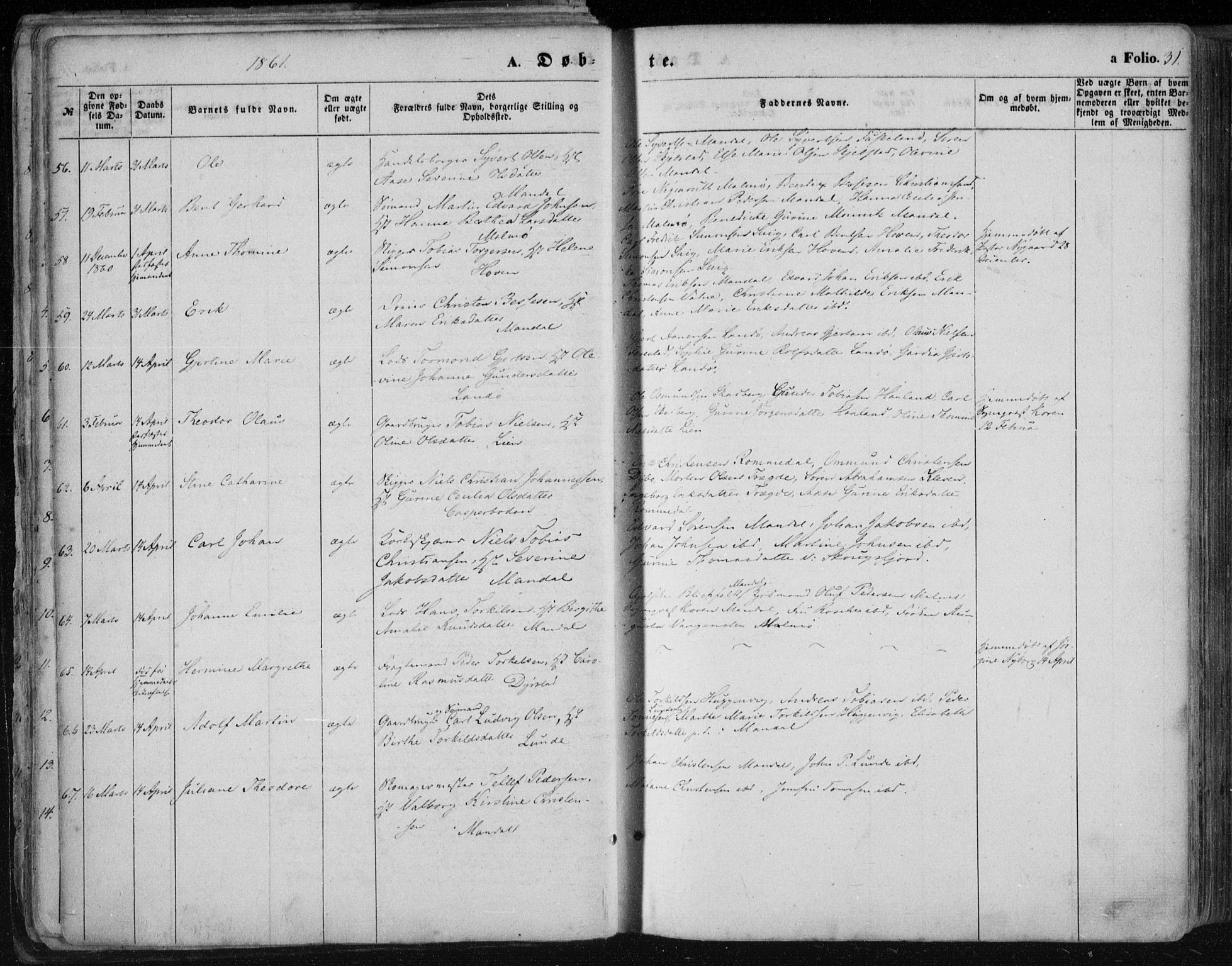 Mandal sokneprestkontor, AV/SAK-1111-0030/F/Fa/Faa/L0014: Ministerialbok nr. A 14, 1859-1872, s. 31