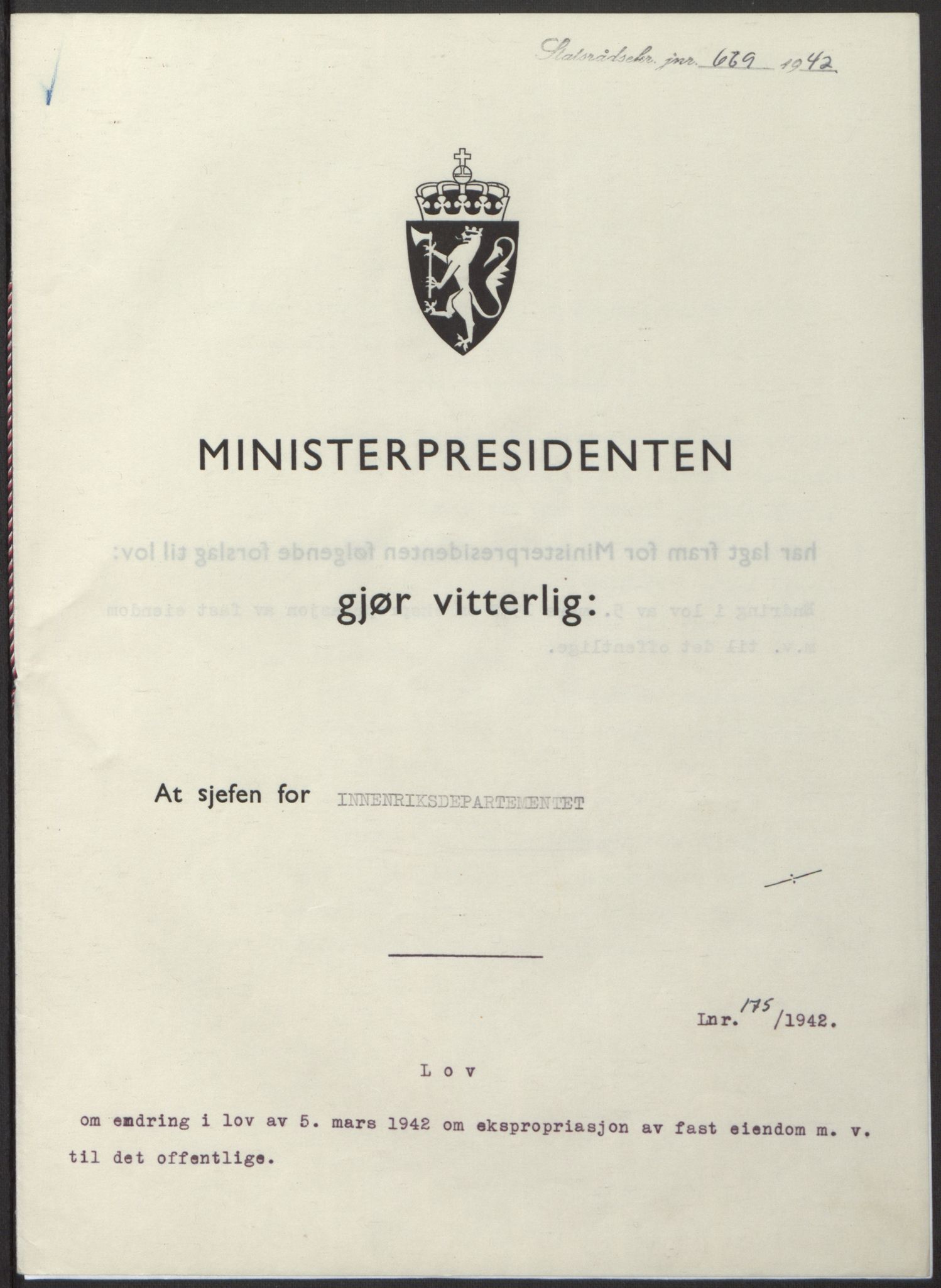 NS-administrasjonen 1940-1945 (Statsrådsekretariatet, de kommisariske statsråder mm), RA/S-4279/D/Db/L0098: Lover II, 1942, s. 298