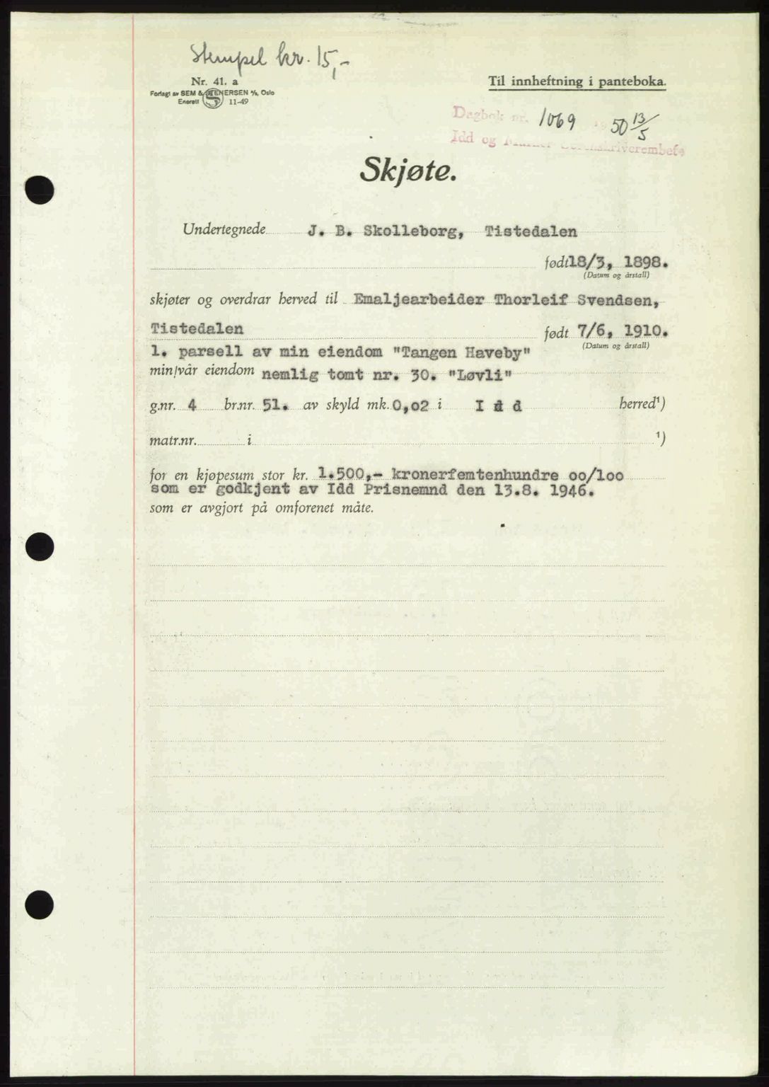 Idd og Marker sorenskriveri, AV/SAO-A-10283/G/Gb/Gbb/L0014: Pantebok nr. A14, 1950-1950, Dagboknr: 1069/1950