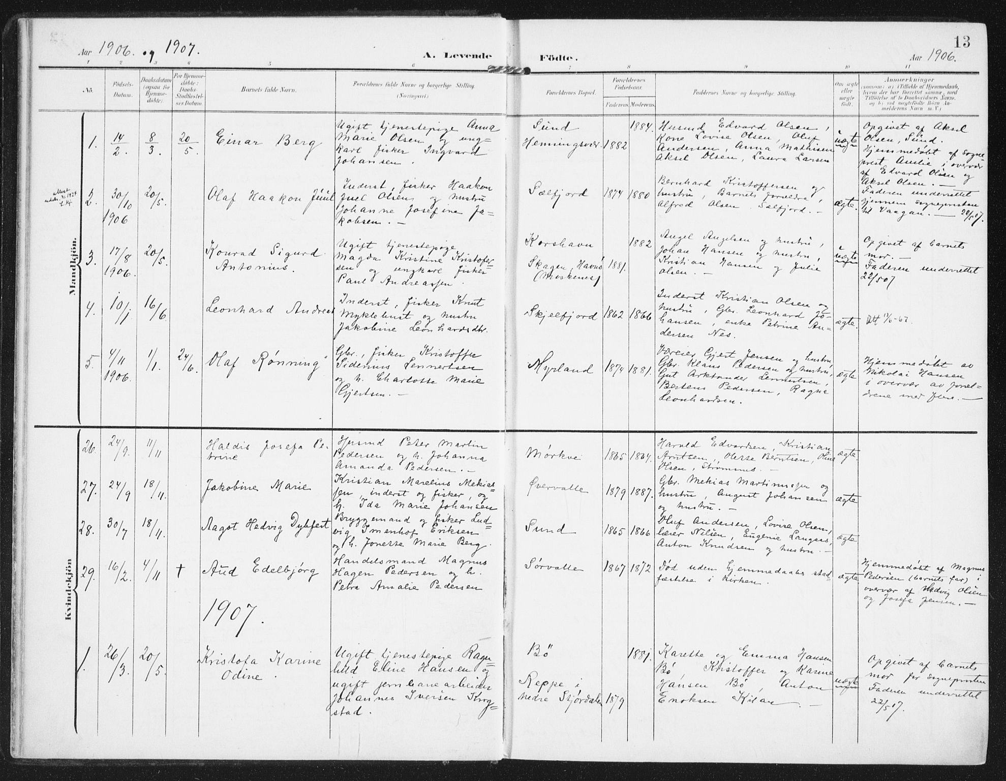 Ministerialprotokoller, klokkerbøker og fødselsregistre - Nordland, AV/SAT-A-1459/885/L1206: Ministerialbok nr. 885A07, 1905-1915, s. 13