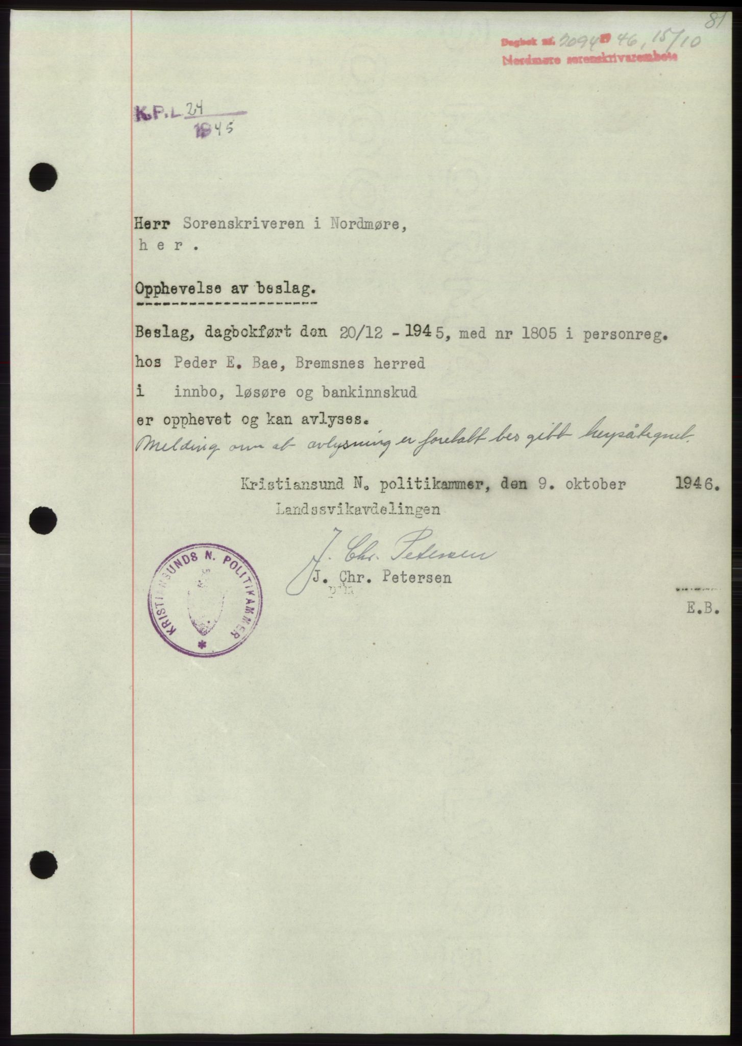 Nordmøre sorenskriveri, SAT/A-4132/1/2/2Ca: Pantebok nr. B95, 1946-1947, Dagboknr: 2094/1946