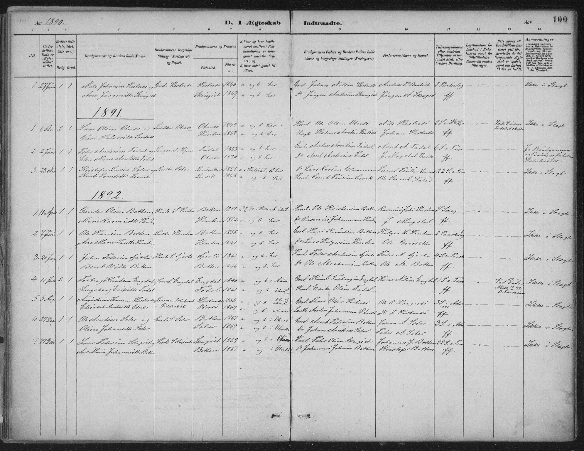 Ministerialprotokoller, klokkerbøker og fødselsregistre - Møre og Romsdal, SAT/A-1454/580/L0925: Ministerialbok nr. 580A02, 1888-1913, s. 100