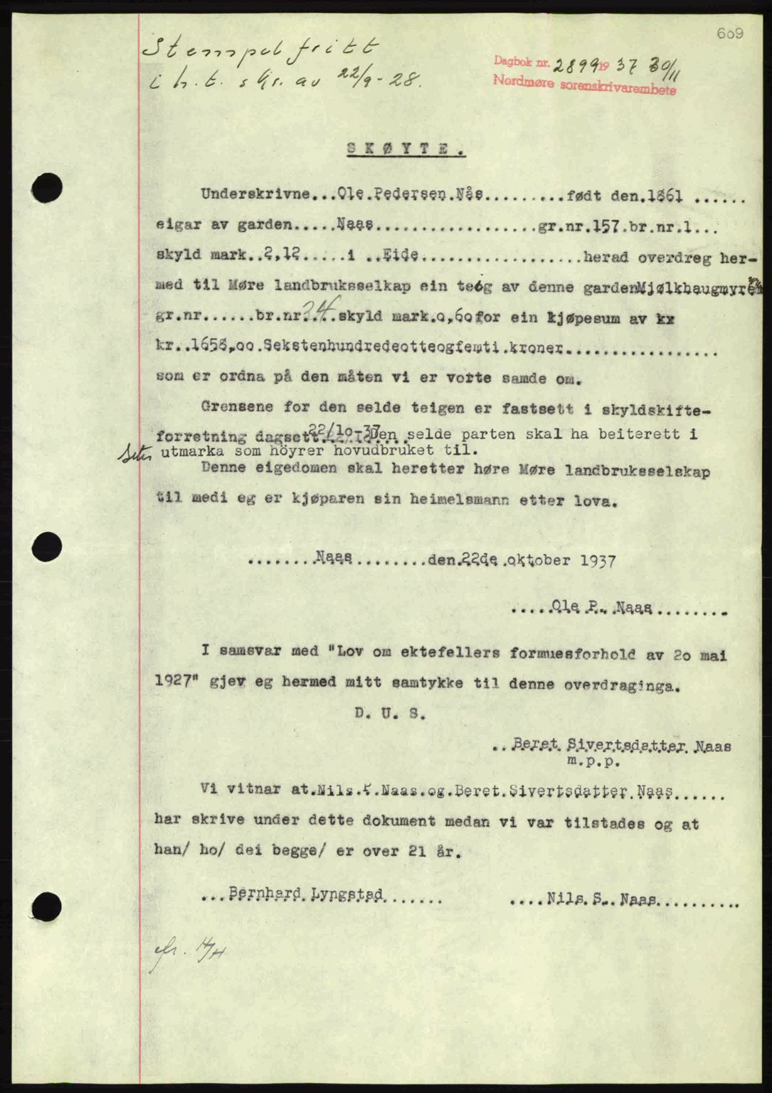 Nordmøre sorenskriveri, SAT/A-4132/1/2/2Ca: Pantebok nr. A82, 1937-1938, Dagboknr: 2899/1937