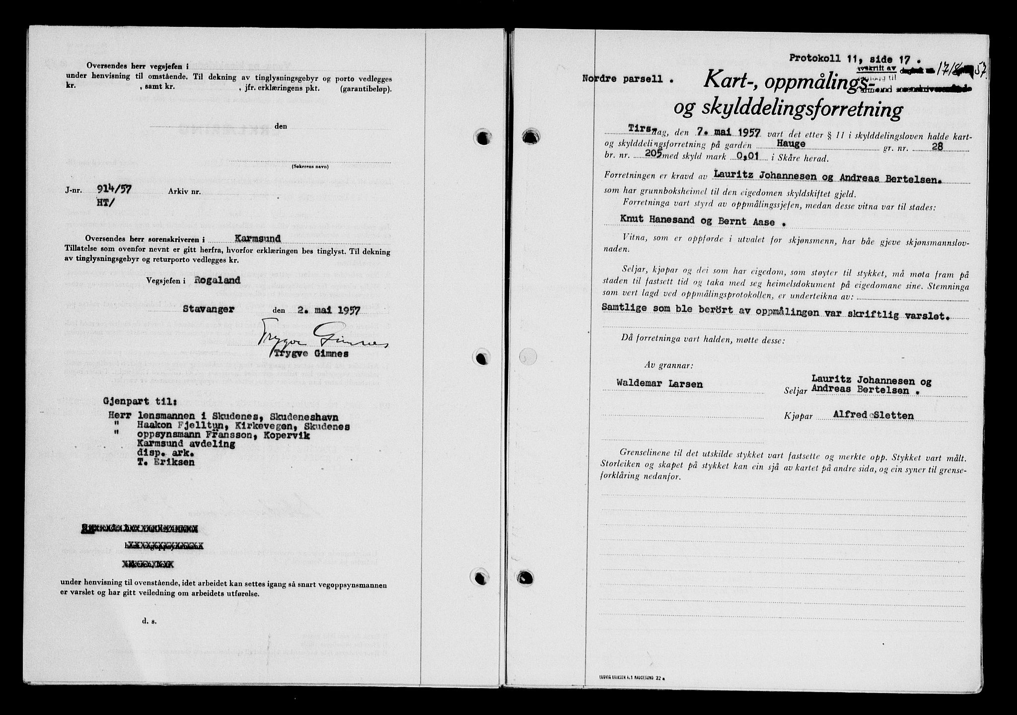 Karmsund sorenskriveri, SAST/A-100311/01/II/IIB/L0125: Pantebok nr. 105A, 1957-1957, Dagboknr: 1718/1957