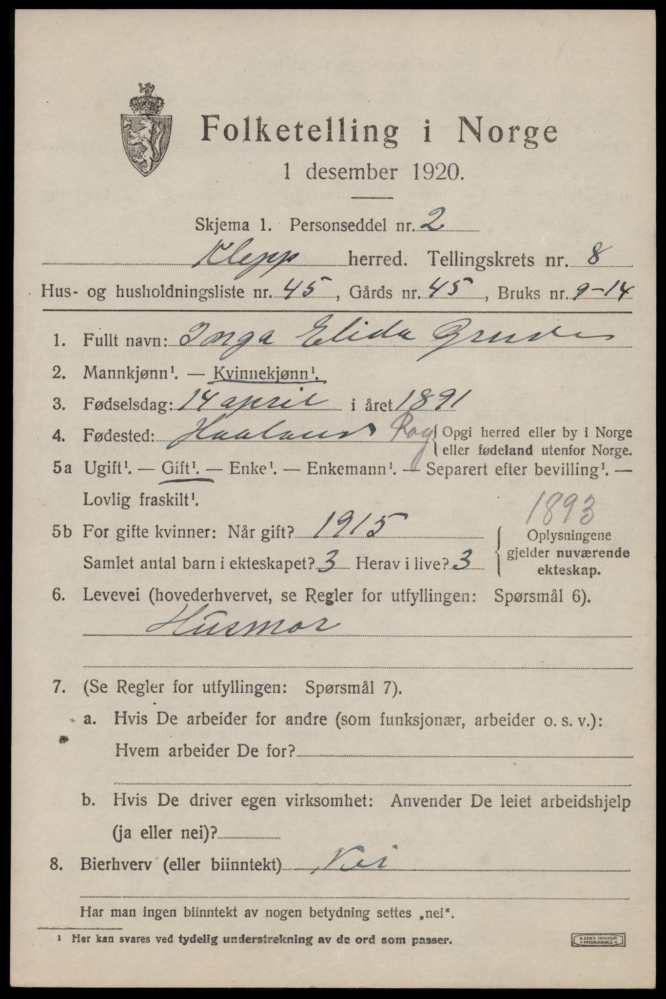 SAST, Folketelling 1920 for 1120 Klepp herred, 1920, s. 7546