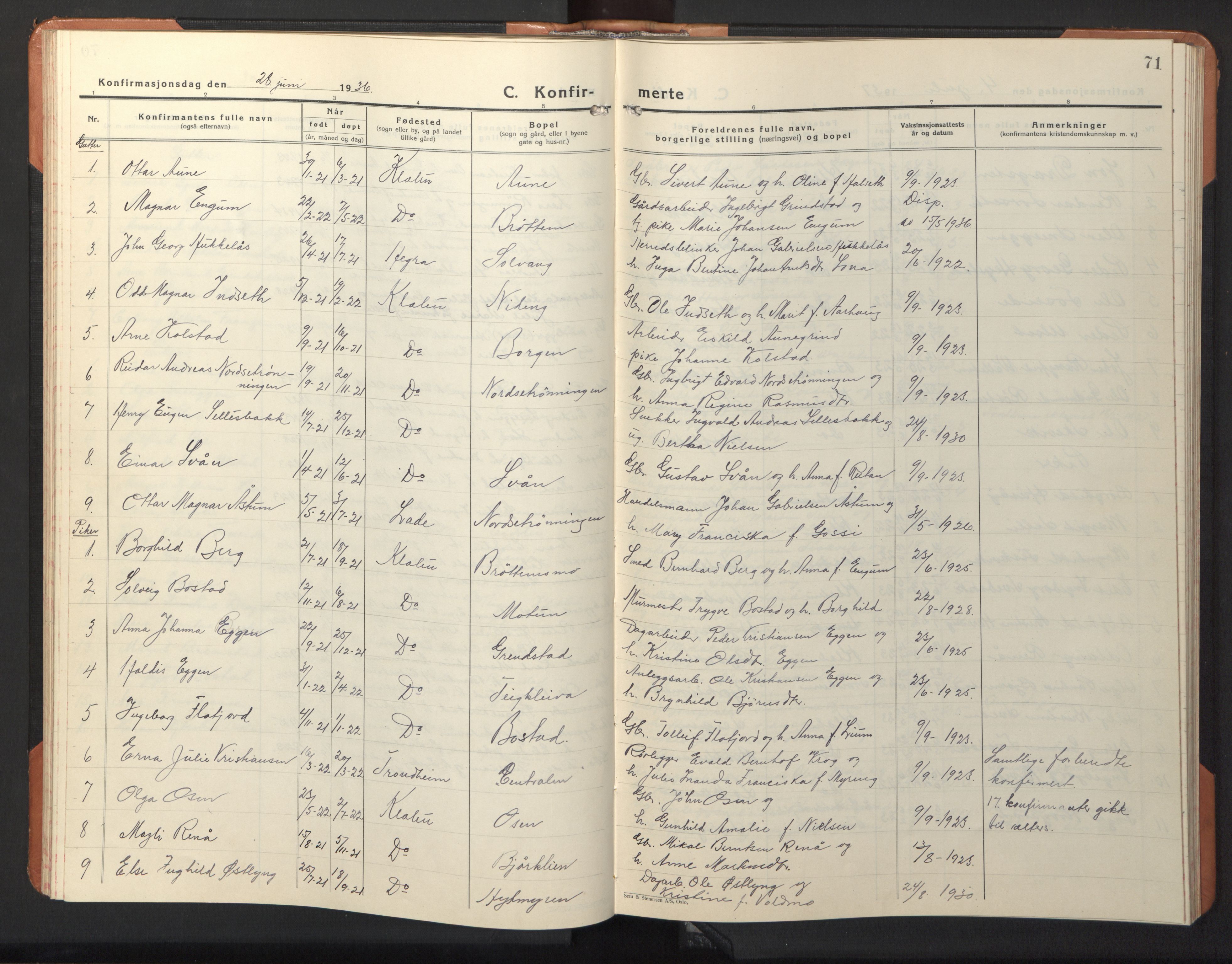 Ministerialprotokoller, klokkerbøker og fødselsregistre - Sør-Trøndelag, AV/SAT-A-1456/618/L0454: Klokkerbok nr. 618C05, 1926-1946, s. 71
