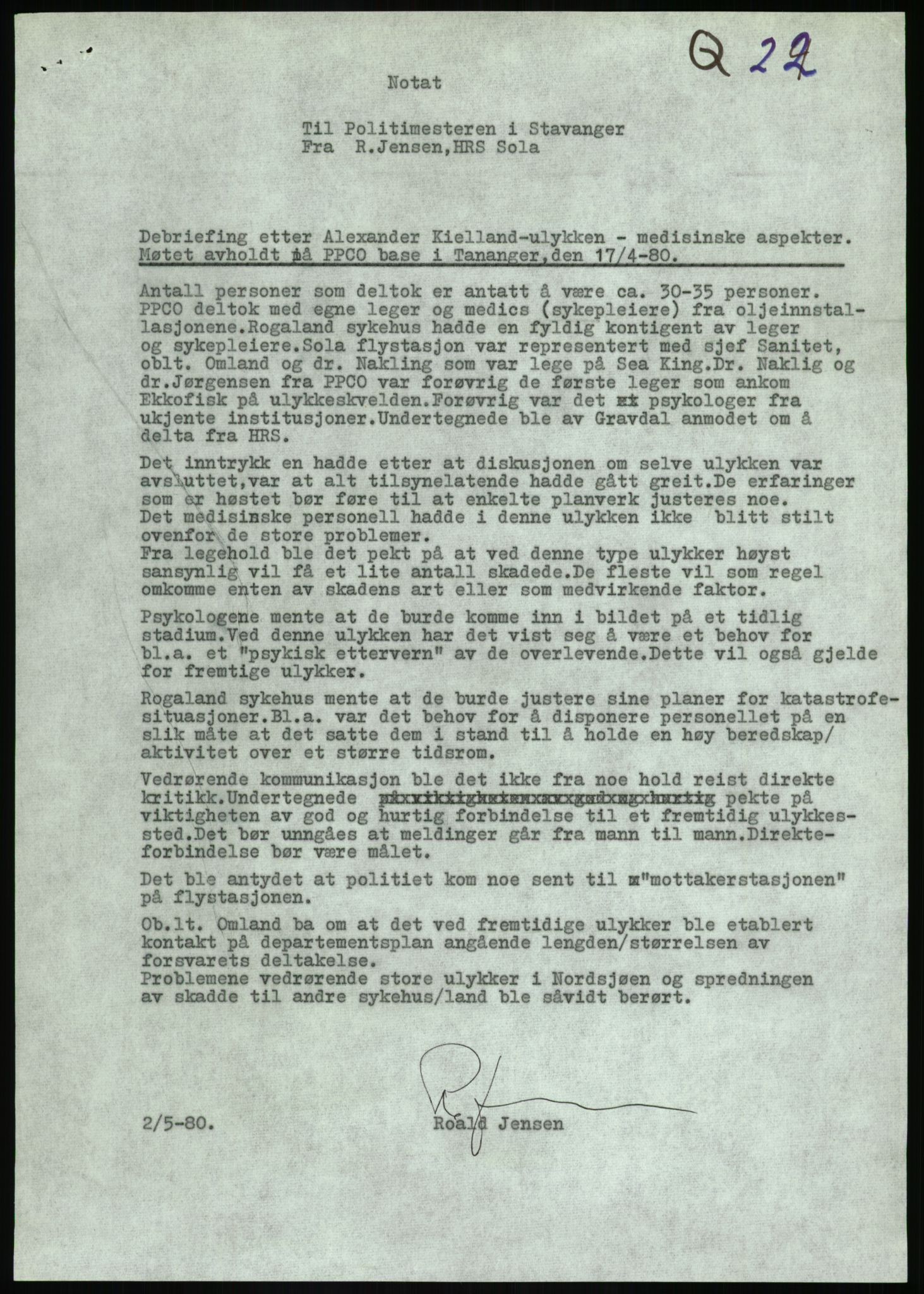 Justisdepartementet, Granskningskommisjonen ved Alexander Kielland-ulykken 27.3.1980, RA/S-1165/D/L0017: P Hjelpefartøy (Doku.liste + P1-P6 av 6)/Q Hovedredningssentralen (Q0-Q27 av 27), 1980-1981, s. 582