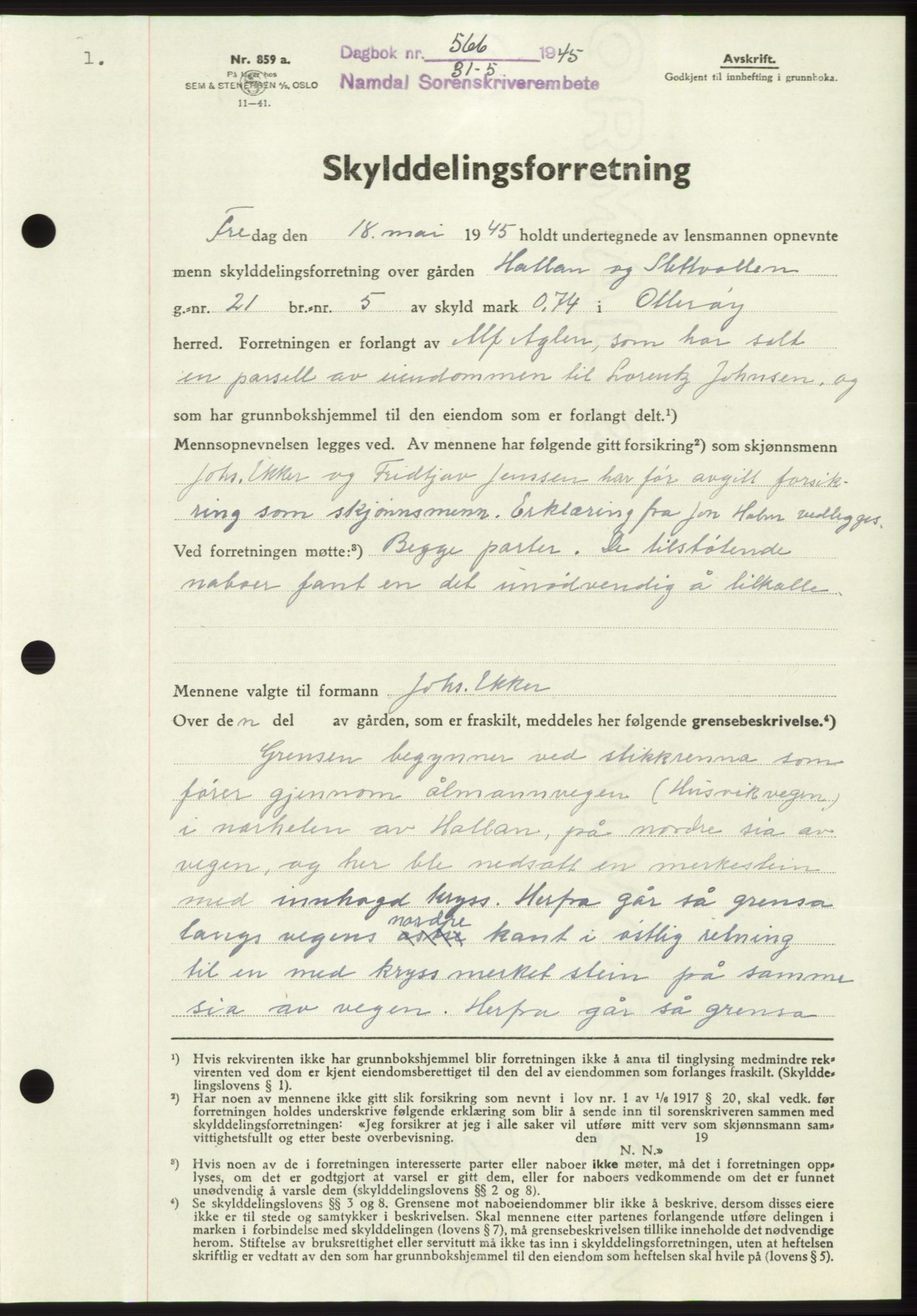 Namdal sorenskriveri, SAT/A-4133/1/2/2C: Pantebok nr. -, 1944-1945, Dagboknr: 566/1945
