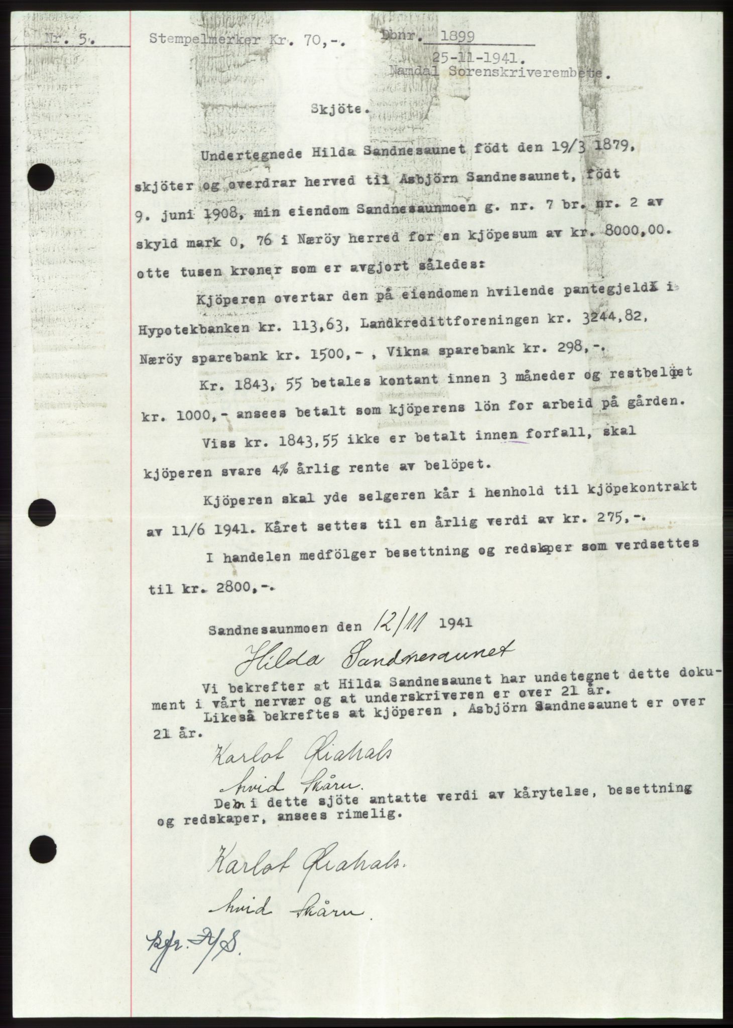 Namdal sorenskriveri, SAT/A-4133/1/2/2C: Pantebok nr. -, 1941-1942, Dagboknr: 1899/1941