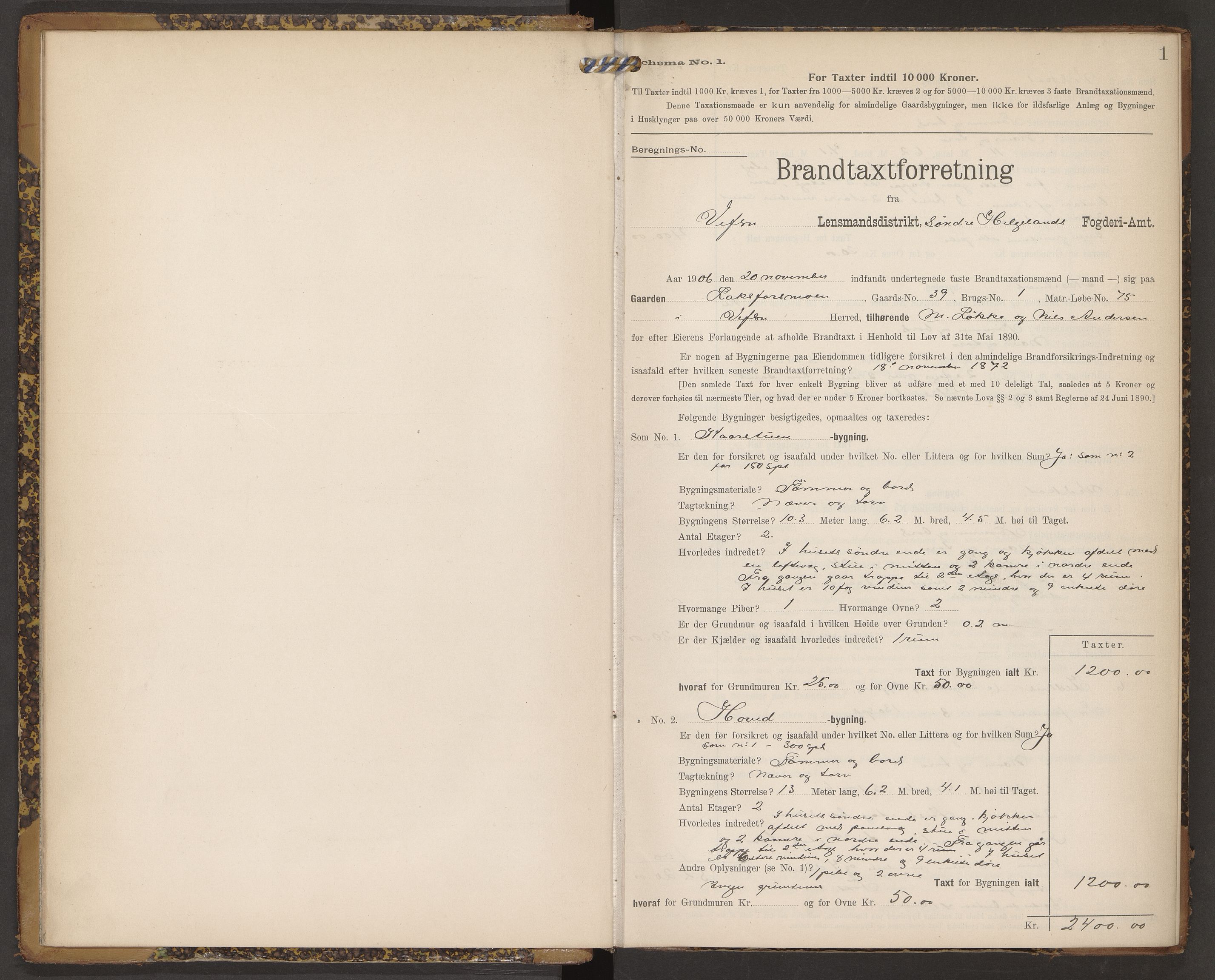 Norges Brannkasse Vefsn, AV/SAT-A-5573/Fb/L0003: Branntakstprotokoll, 1906-1909