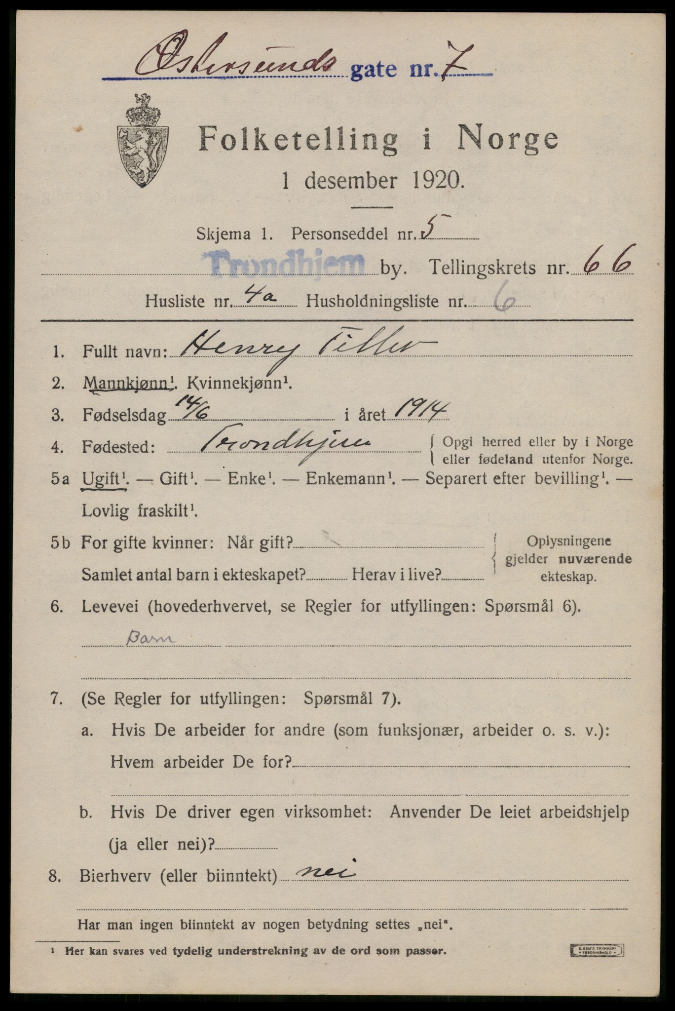 SAT, Folketelling 1920 for 1601 Trondheim kjøpstad, 1920, s. 127600