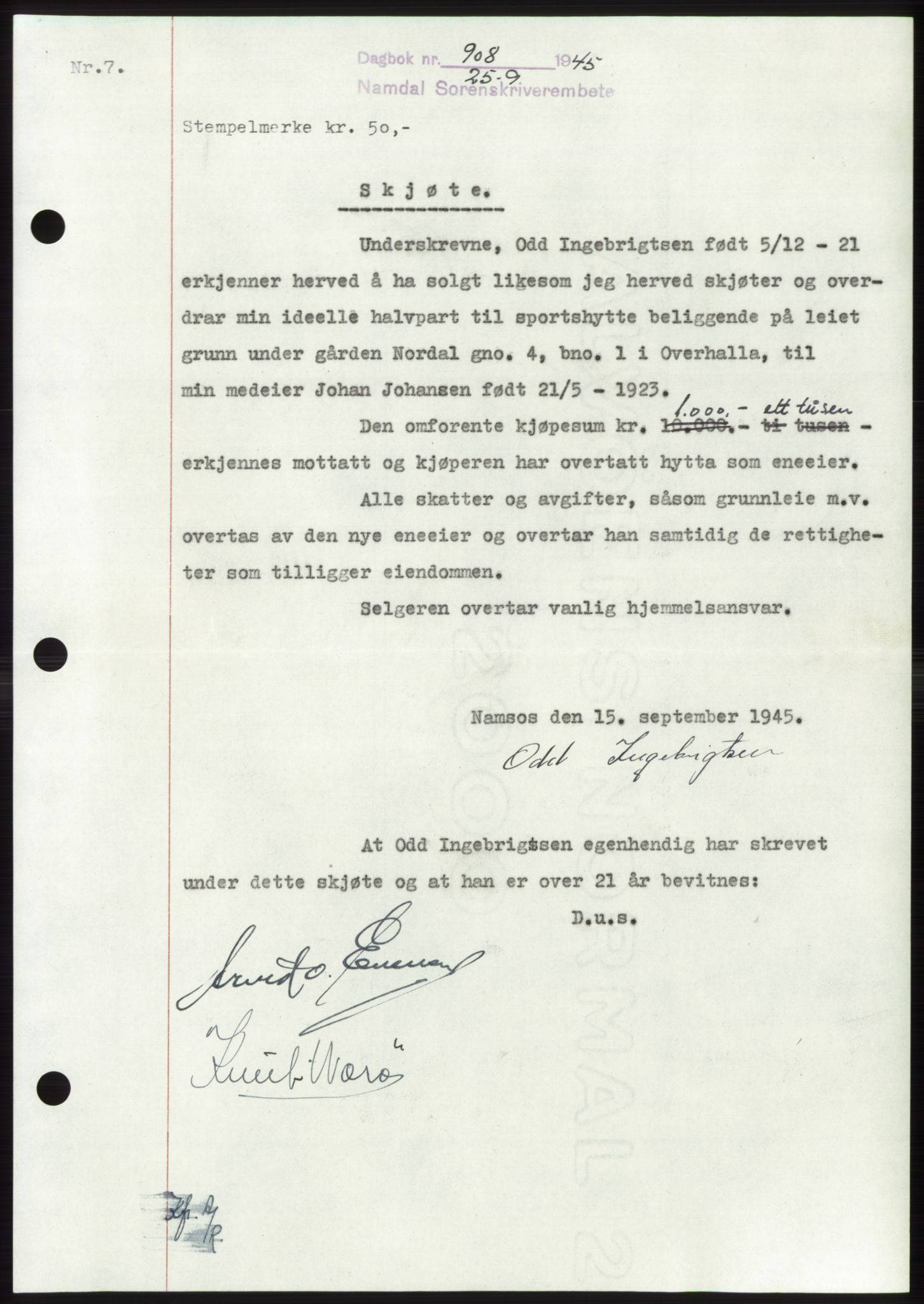 Namdal sorenskriveri, SAT/A-4133/1/2/2C: Pantebok nr. -, 1944-1945, Dagboknr: 908/1945