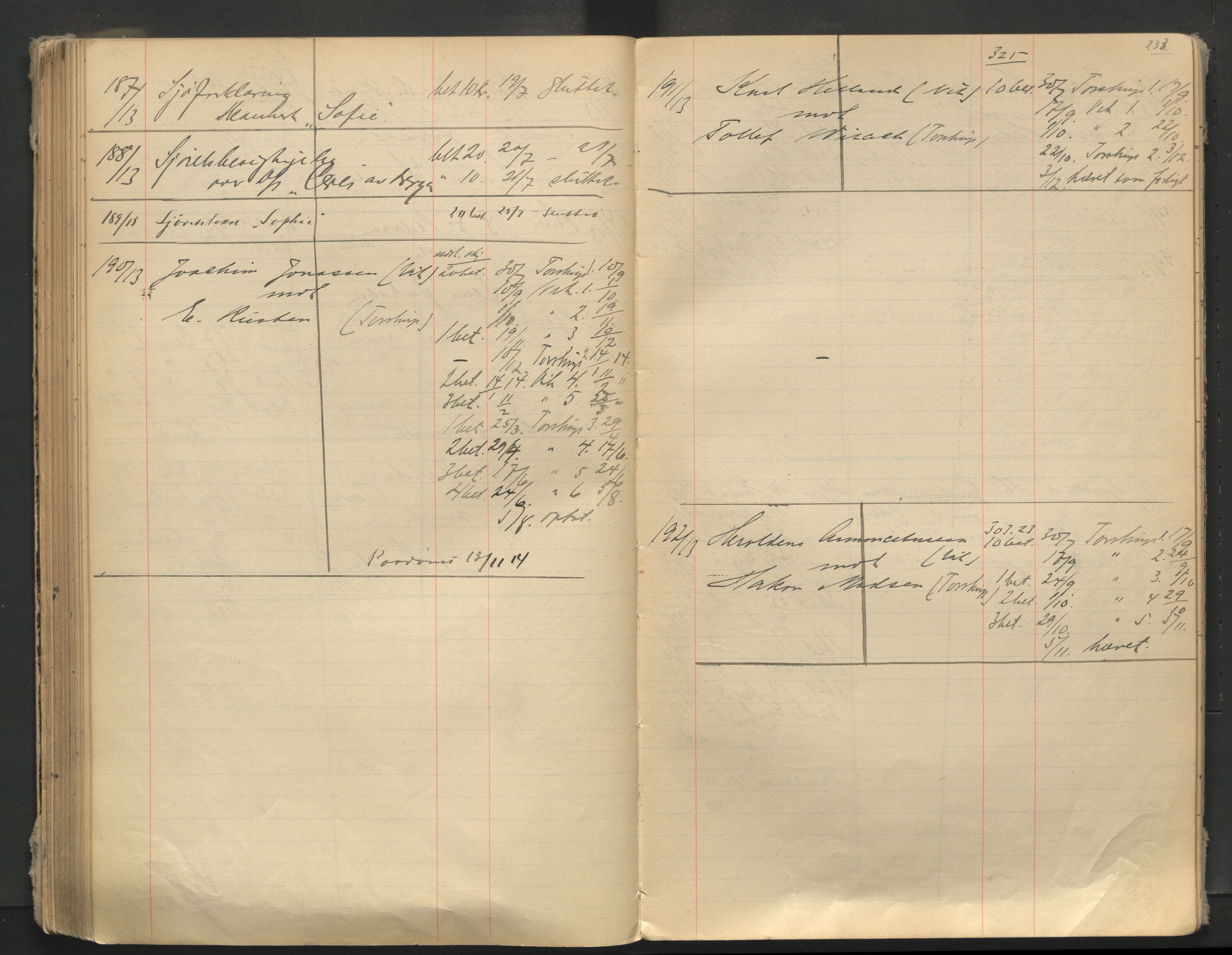 Stavanger byfogd, AV/SAST-A-101408/001/3/32/32A/L0005: Saksliste for Stavanger byting, 1910-1914, s. 232-233