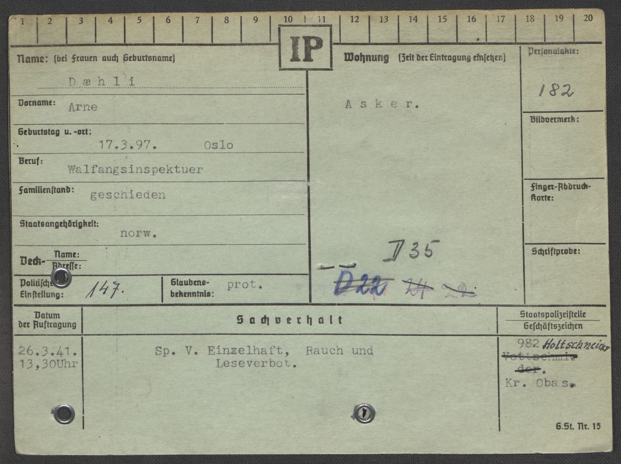 Befehlshaber der Sicherheitspolizei und des SD, AV/RA-RAFA-5969/E/Ea/Eaa/L0002: Register over norske fanger i Møllergata 19: Bj-Eng, 1940-1945, s. 1129