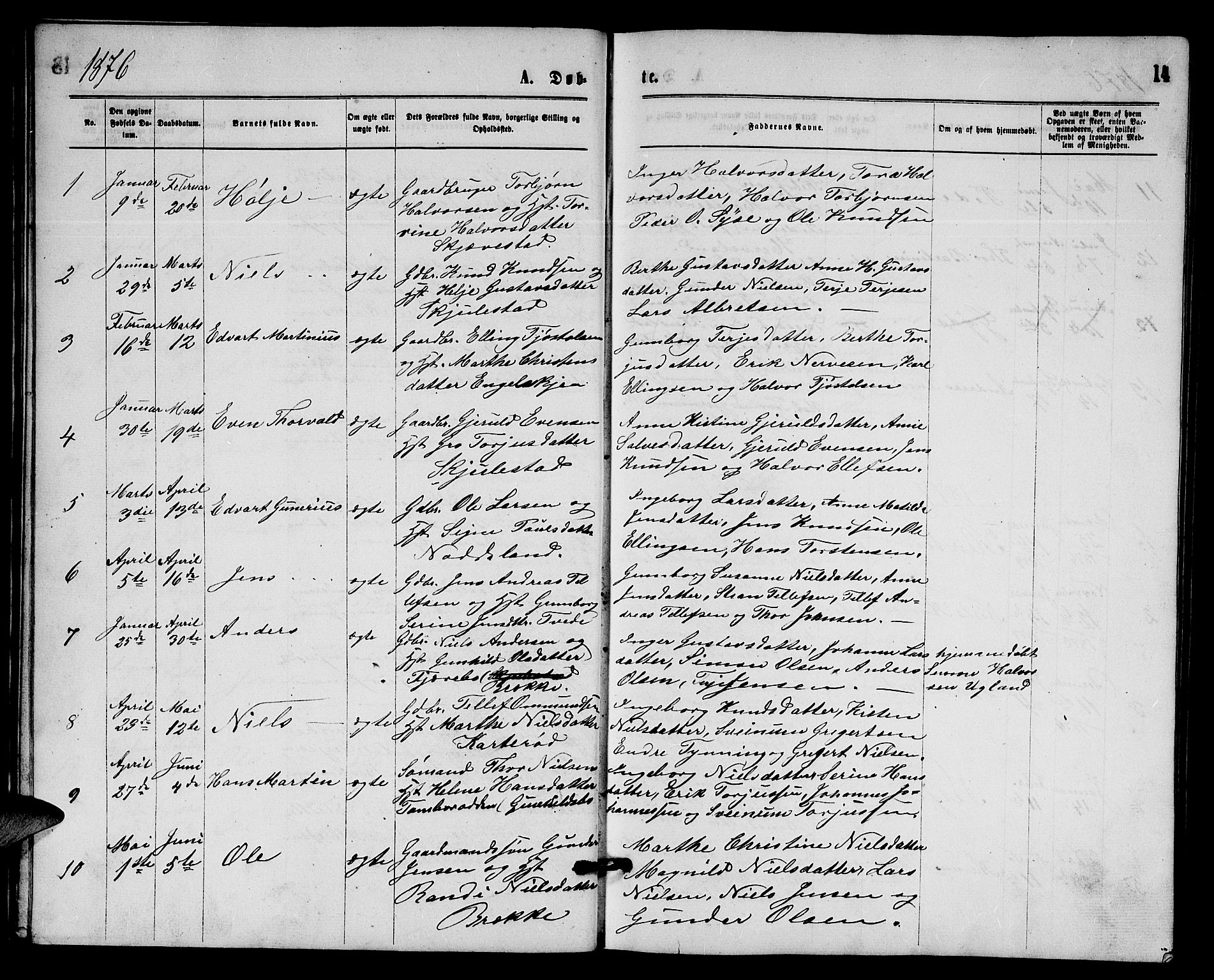 Austre Moland sokneprestkontor, AV/SAK-1111-0001/F/Fb/Fba/L0002: Klokkerbok nr. B 2, 1869-1879, s. 14