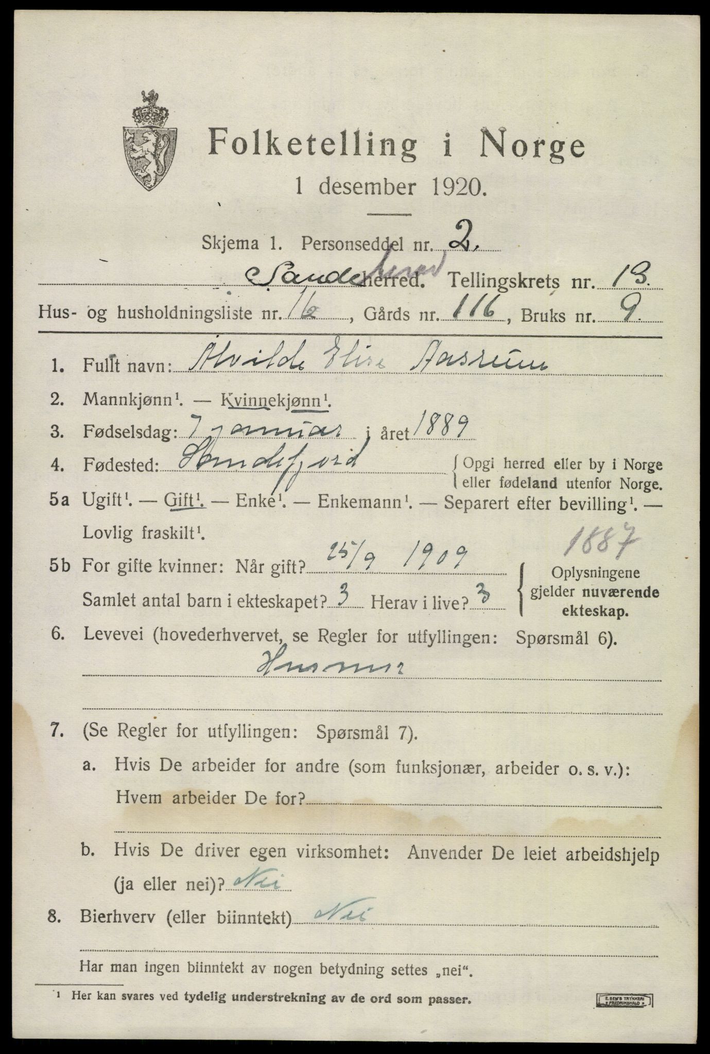 SAKO, Folketelling 1920 for 0724 Sandeherred herred, 1920, s. 19326