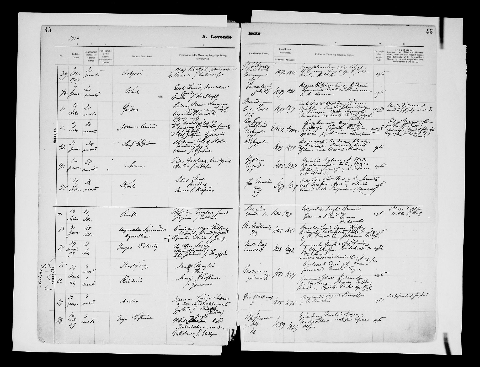 Ministerialprotokoller, klokkerbøker og fødselsregistre - Sør-Trøndelag, SAT/A-1456/604/L0203: Ministerialbok nr. 604A23, 1908-1916, s. 45