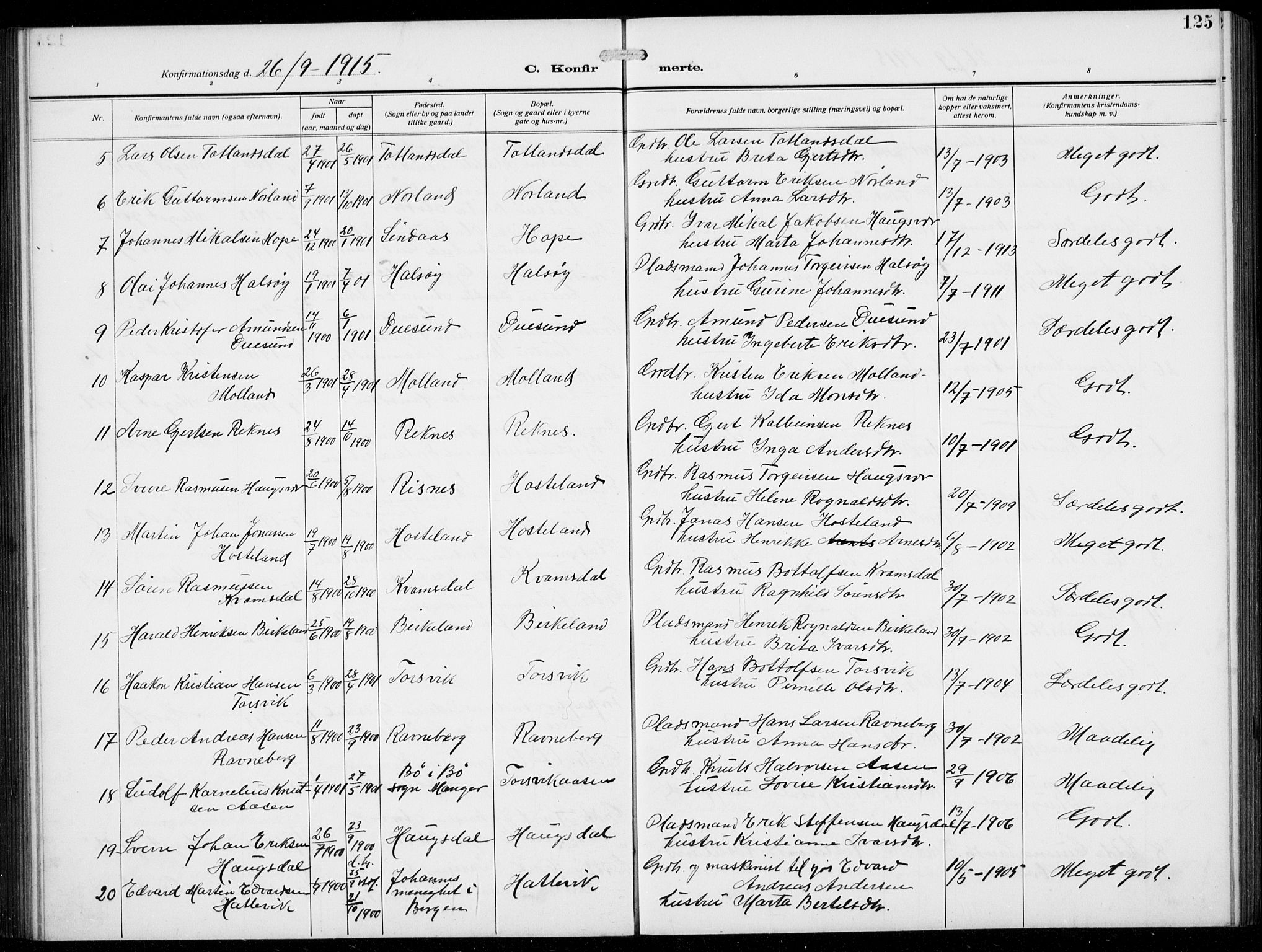 Masfjorden sokneprestembete, AV/SAB-A-77001: Klokkerbok nr. B  2, 1912-1939, s. 125