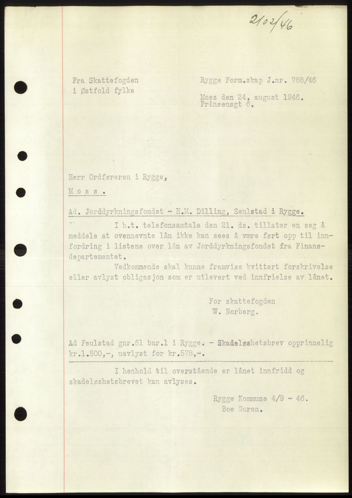 Moss sorenskriveri, SAO/A-10168: Pantebok nr. B15, 1946-1946, Dagboknr: 2102/1946