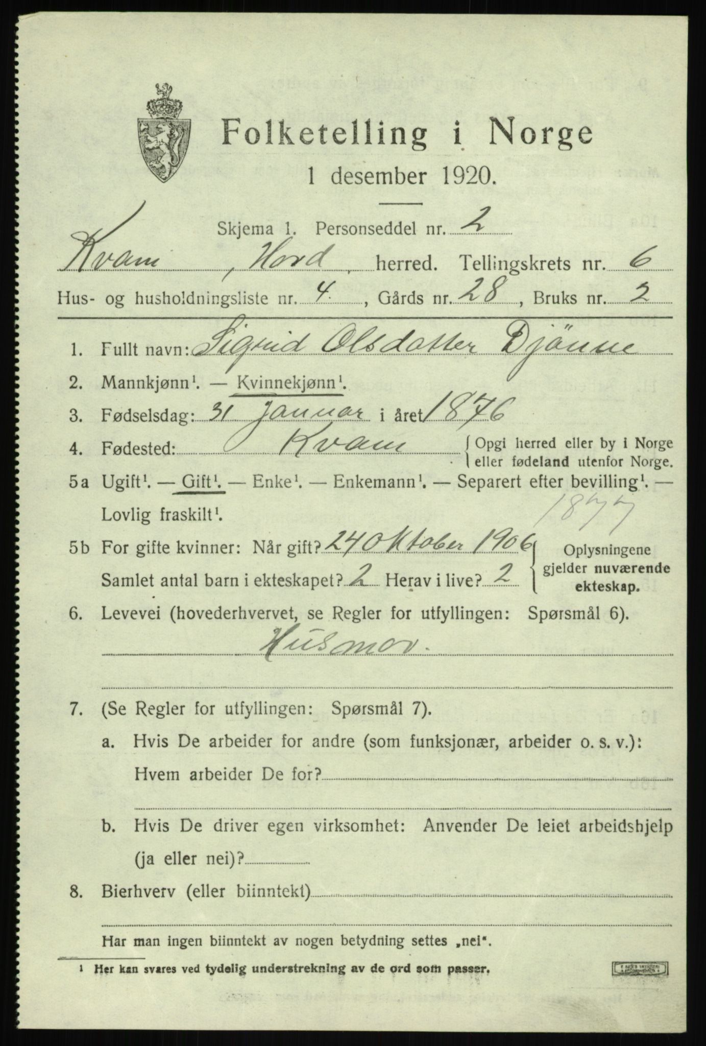 SAB, Folketelling 1920 for 1238 Kvam herred, 1920, s. 4439