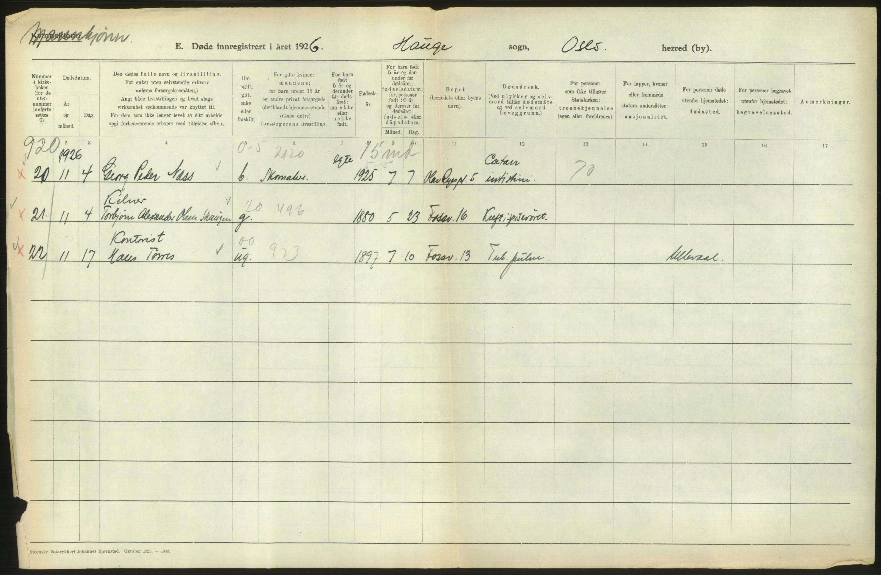 Statistisk sentralbyrå, Sosiodemografiske emner, Befolkning, AV/RA-S-2228/D/Df/Dfc/Dfcf/L0009: Oslo: Døde menn, 1926, s. 504