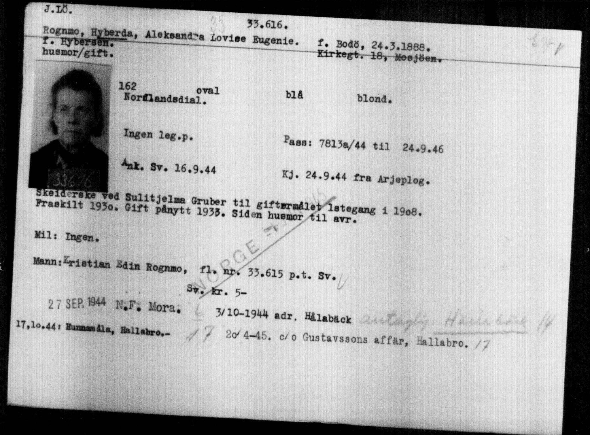 Utenriksstasjonene, Legasjonen i Stockholm, Flyktningkontoret, AV/RA-S-6753/V/Va/L0013: Kjesäterkartoteket, flyktninger med registreringsnr. 31500-34731, 1940-1945, s. 2234