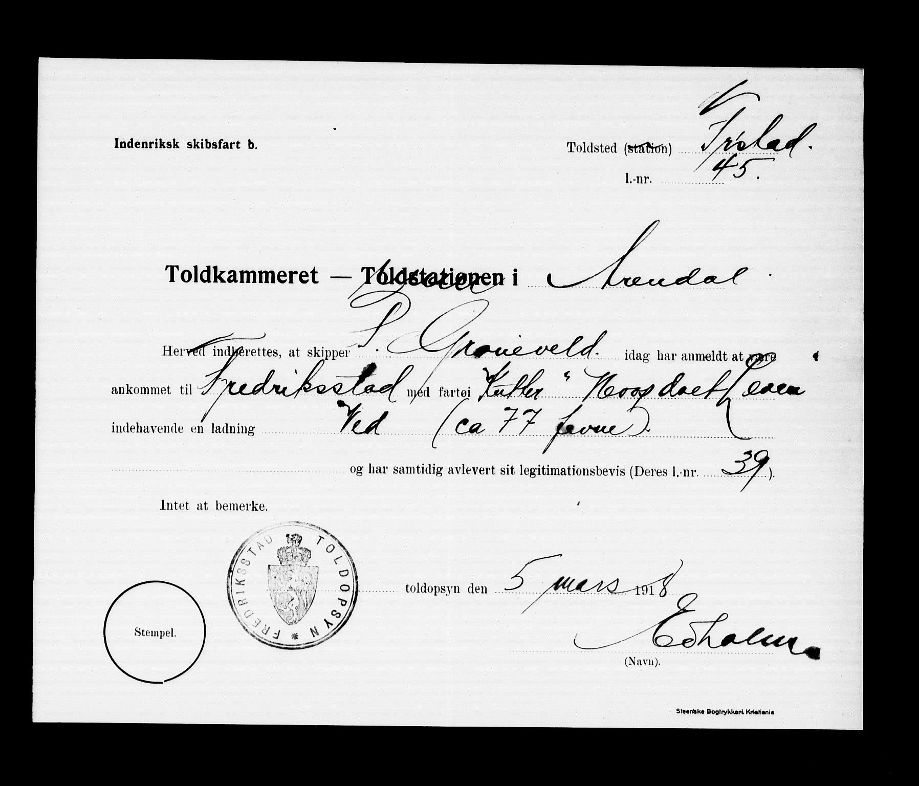 Arendal tollsted, AV/SAK-1351-0003/H/Ha/L0896: Legitimasjonsbevis for fartøyer i innenriksfart, 1886-1948, s. 669