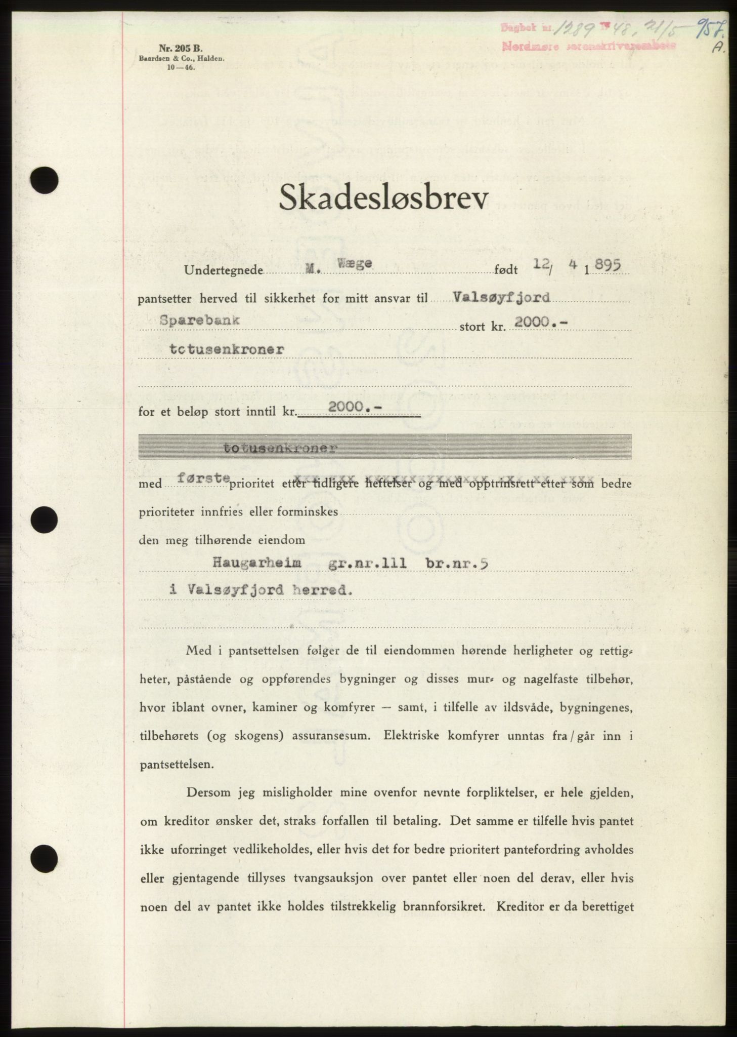 Nordmøre sorenskriveri, SAT/A-4132/1/2/2Ca: Pantebok nr. B98, 1948-1948, Dagboknr: 1289/1948