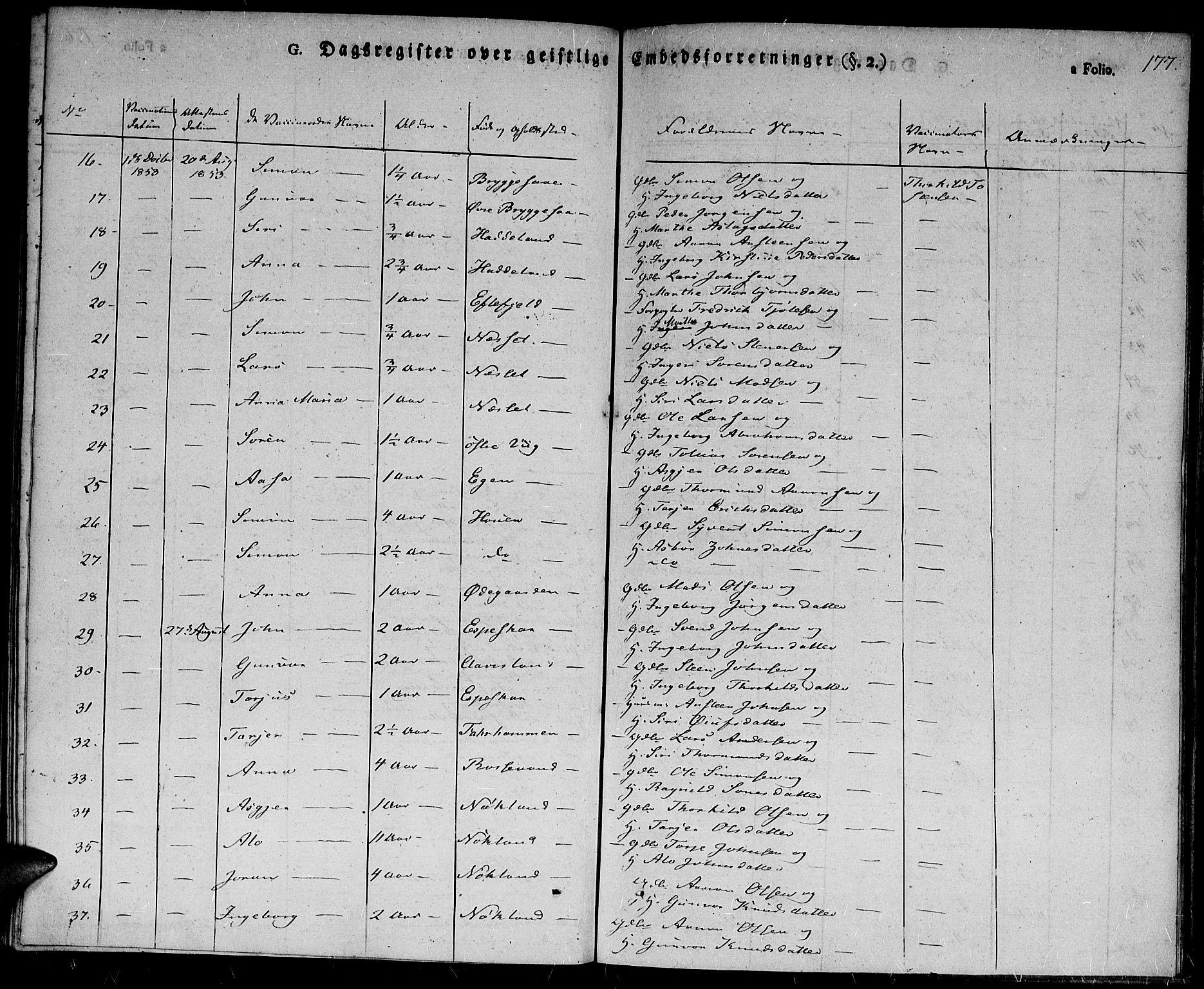 Hægebostad sokneprestkontor, SAK/1111-0024/F/Fa/Fab/L0001: Ministerialbok nr. A 1, 1823-1867, s. 177