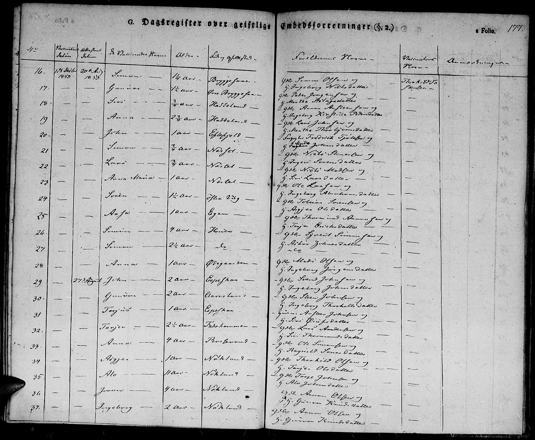 Hægebostad sokneprestkontor, AV/SAK-1111-0024/F/Fa/Fab/L0001: Ministerialbok nr. A 1, 1823-1867, s. 177